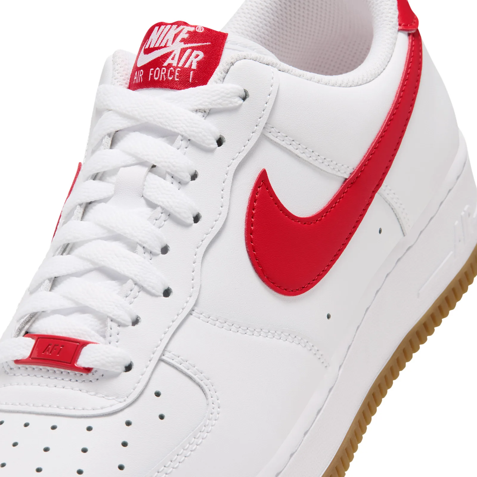 close-up toe and swoosh detail, red swoosh, white leather, gum sole, Force 1 Low