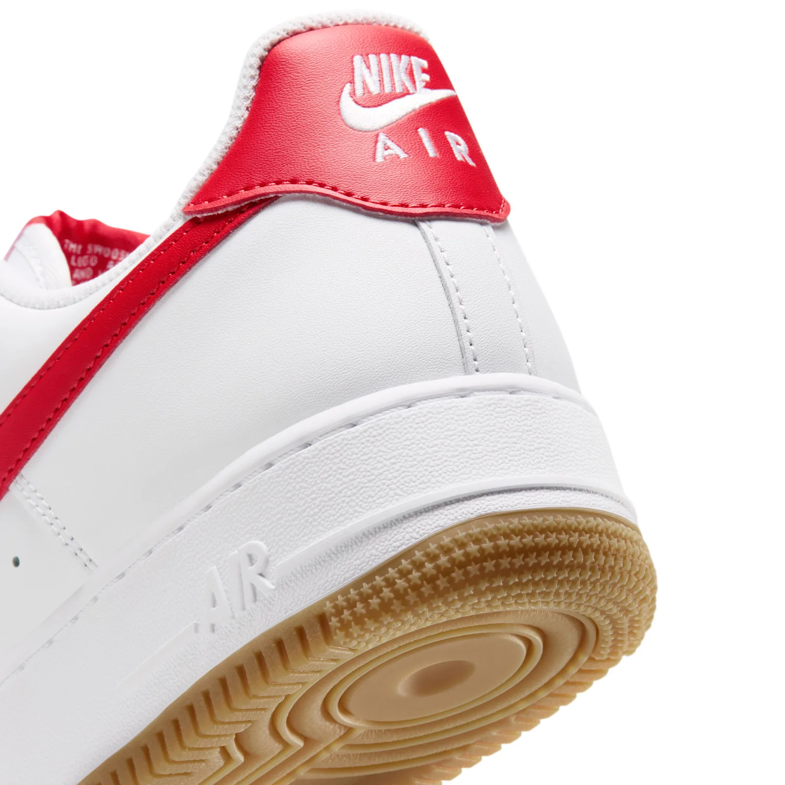 close-up toe and swoosh, red swoosh, red AF1 lace tag, gum sole, Force 1 Low