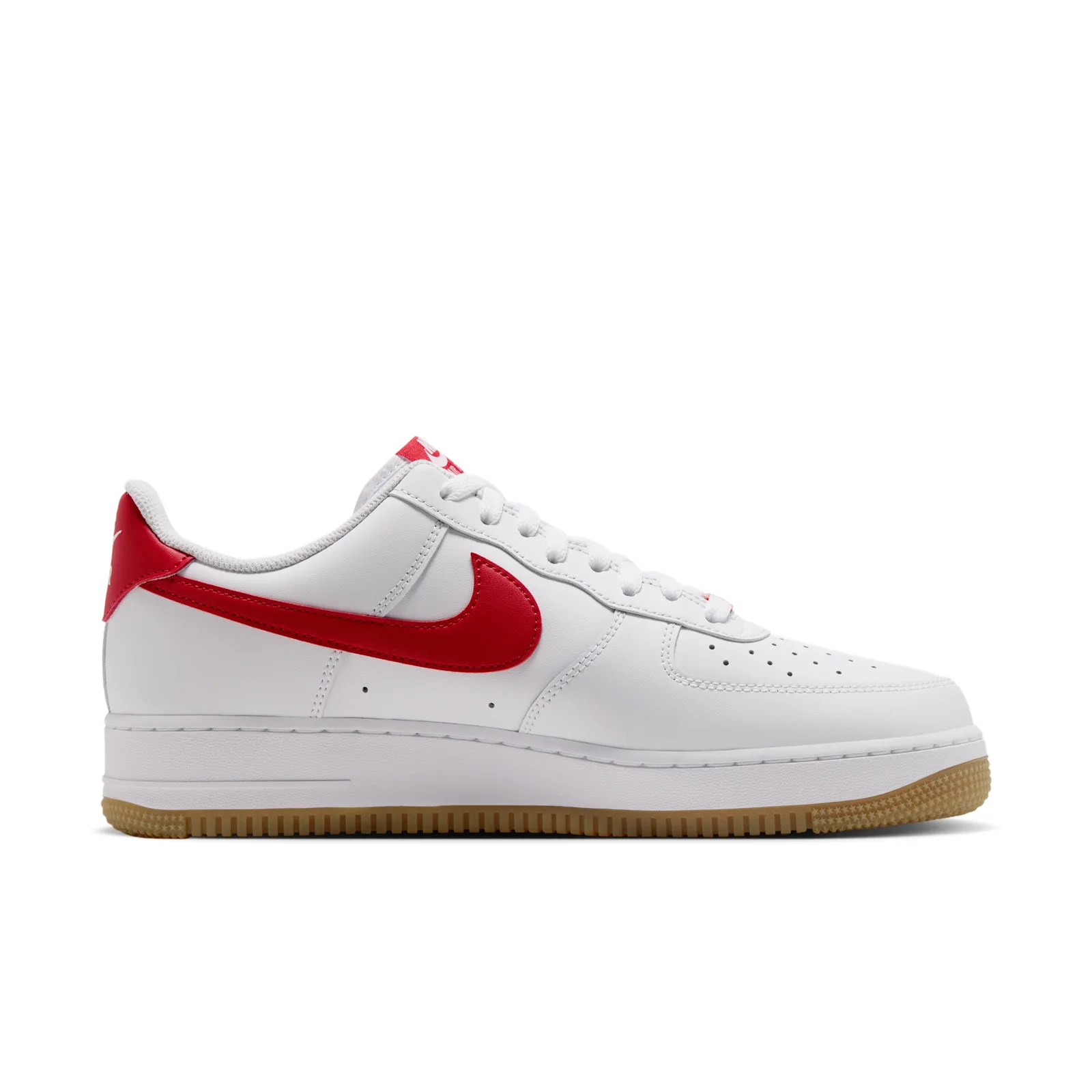lateral view, white leather, red swoosh, red heel tab, gum outsole, Force 1 Low