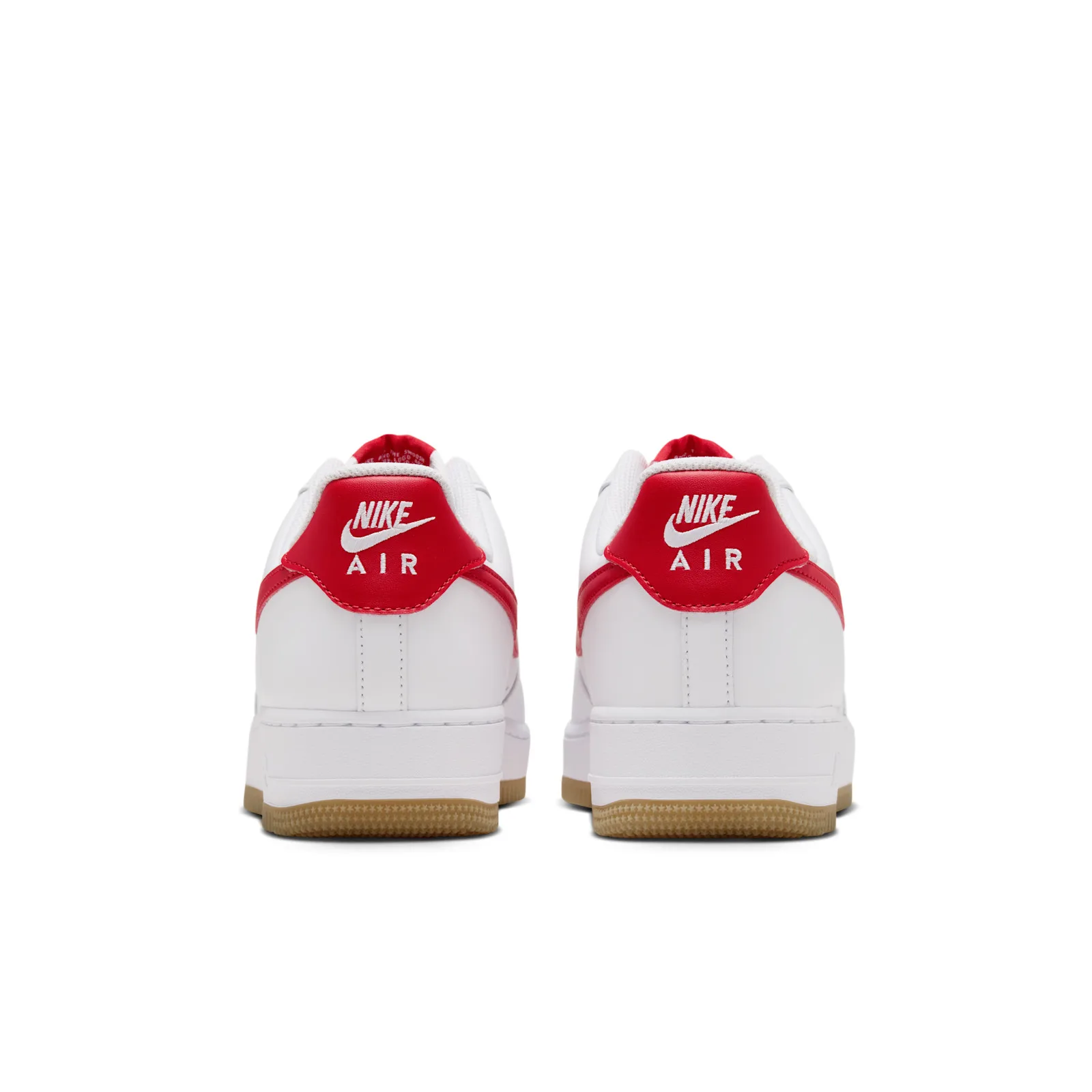 heel view of pair, red Nike Air tabs, white leather, gum soles, Force 1 Low