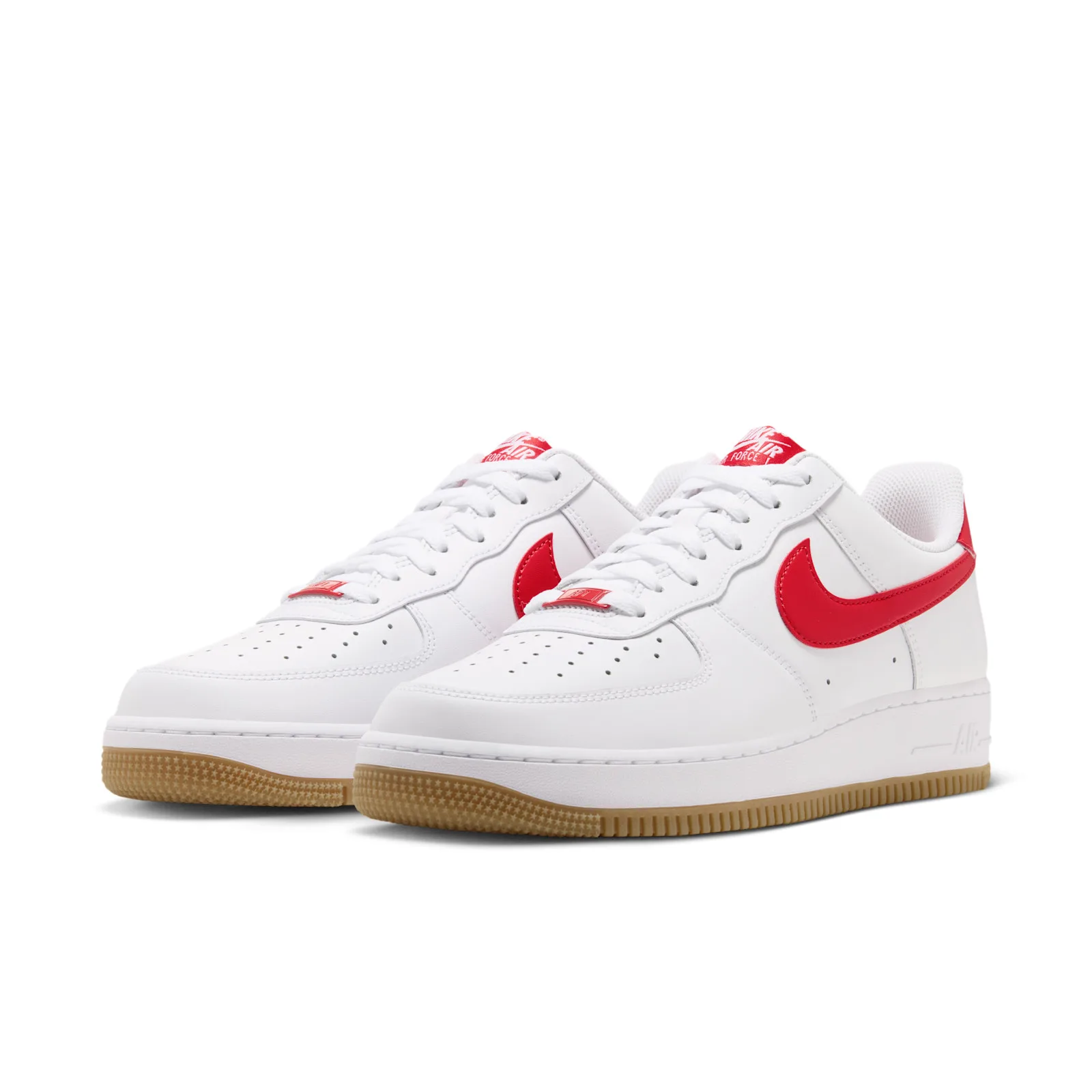 three-quarter front pair view, white leather, red swooshes, gum soles, Force 1 Low
