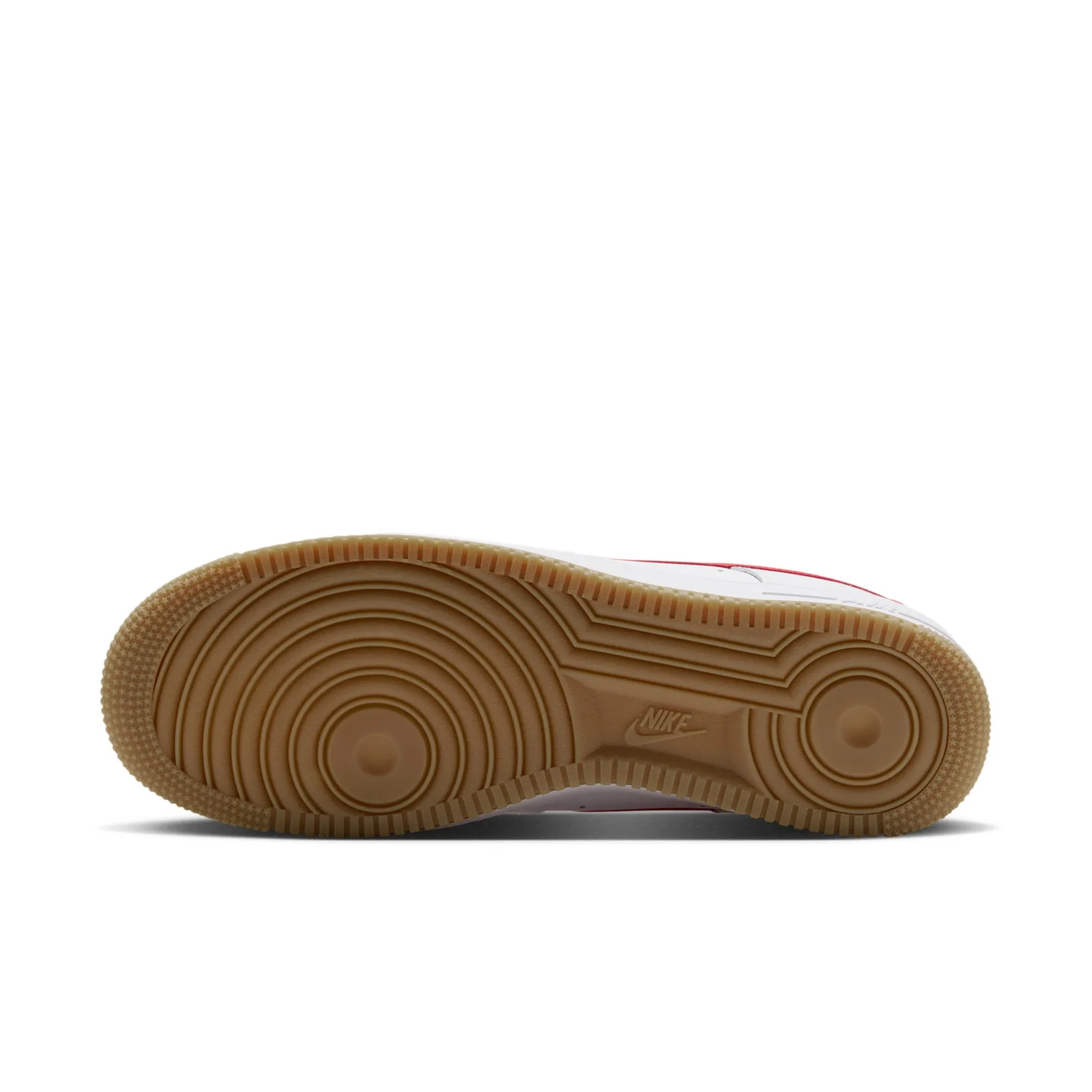 angled heel close-up, red Nike Air tab, white leather, gum sole, Force 1 Low