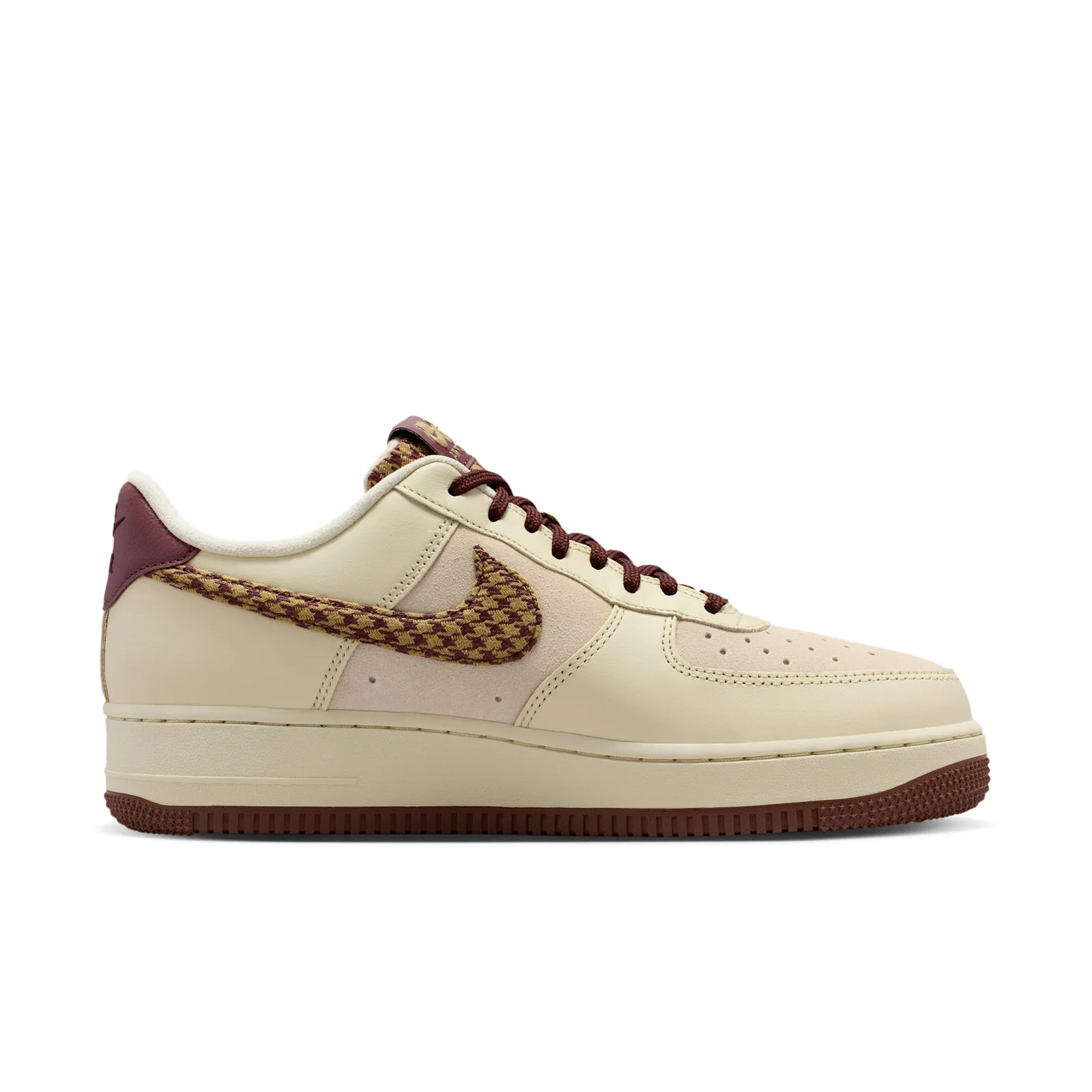 lateral view mirrored, burgundy heel tab beside houndstooth-patterned swoosh, Houndstooth
