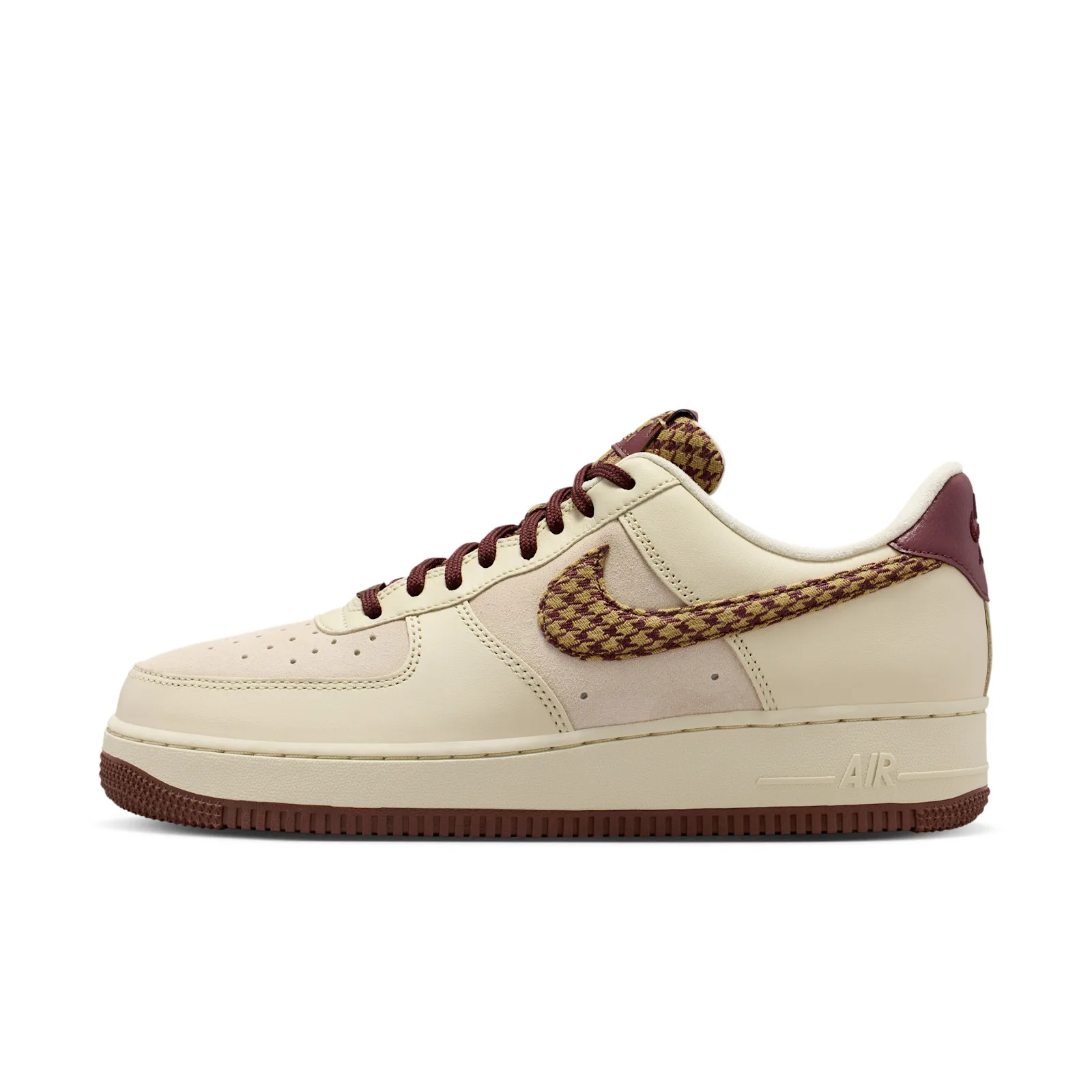 lateral view, cream upper with tan and burgundy houndstooth swoosh detail, Houndstooth