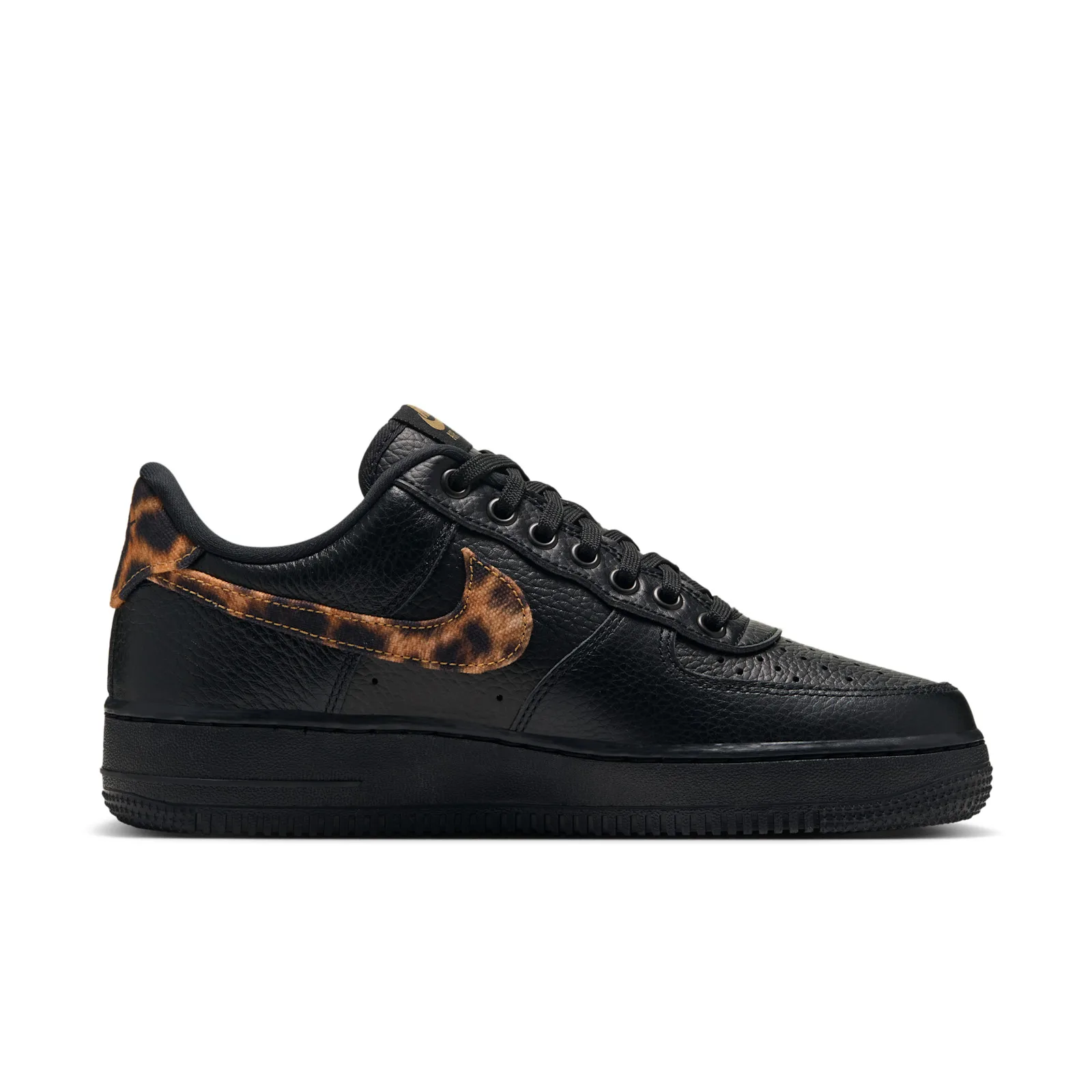 lateral view, black leather with leopard-print swoosh and gold Air Force 1 text, Leopard