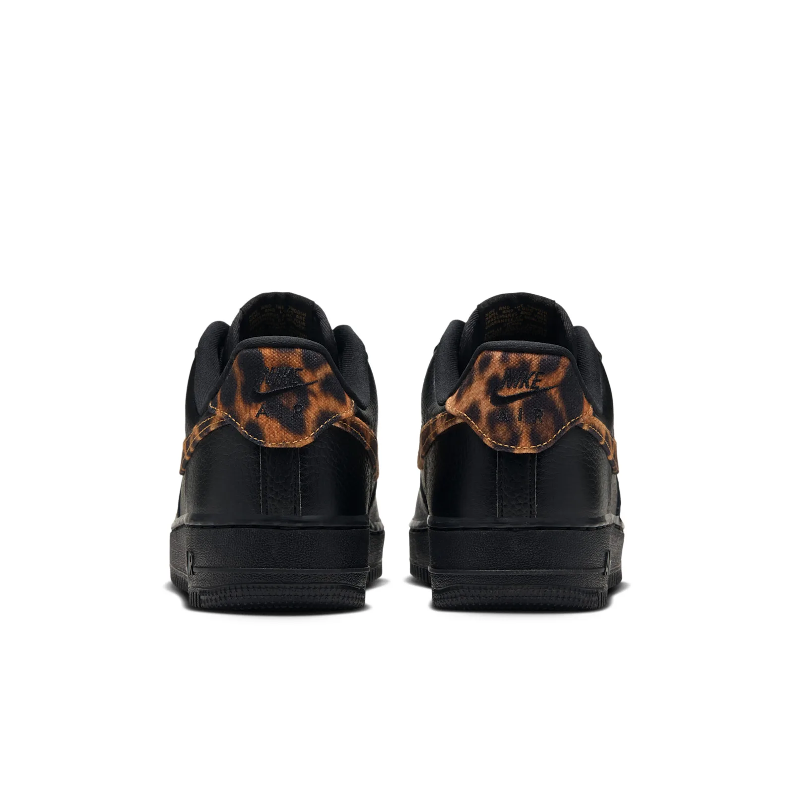 heel view of pair, black leather with leopard-print pull tabs, Leopard