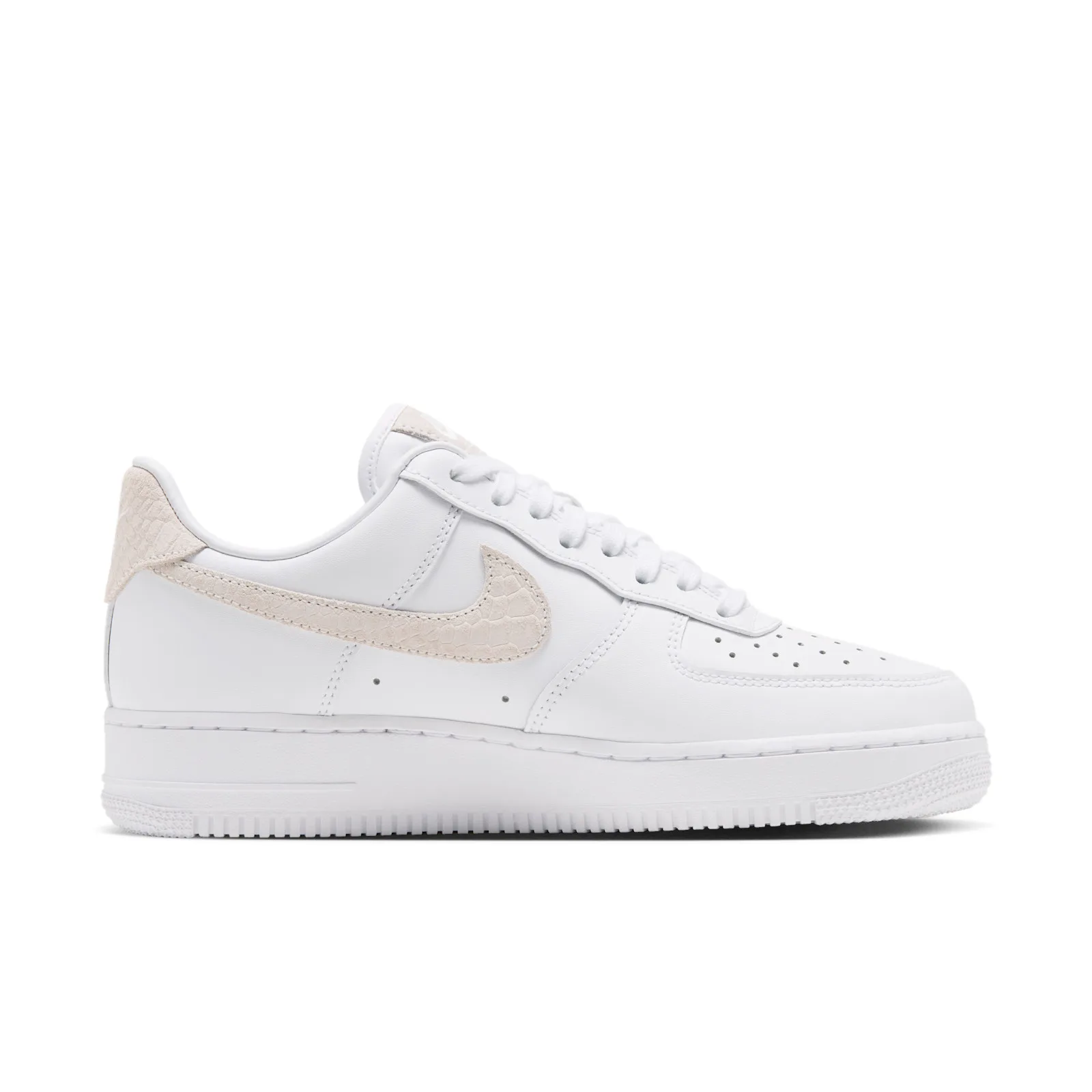 lateral view, white leather, cream snakeskin swoosh and heel tab, no charms attached, Metallic Gold Charms