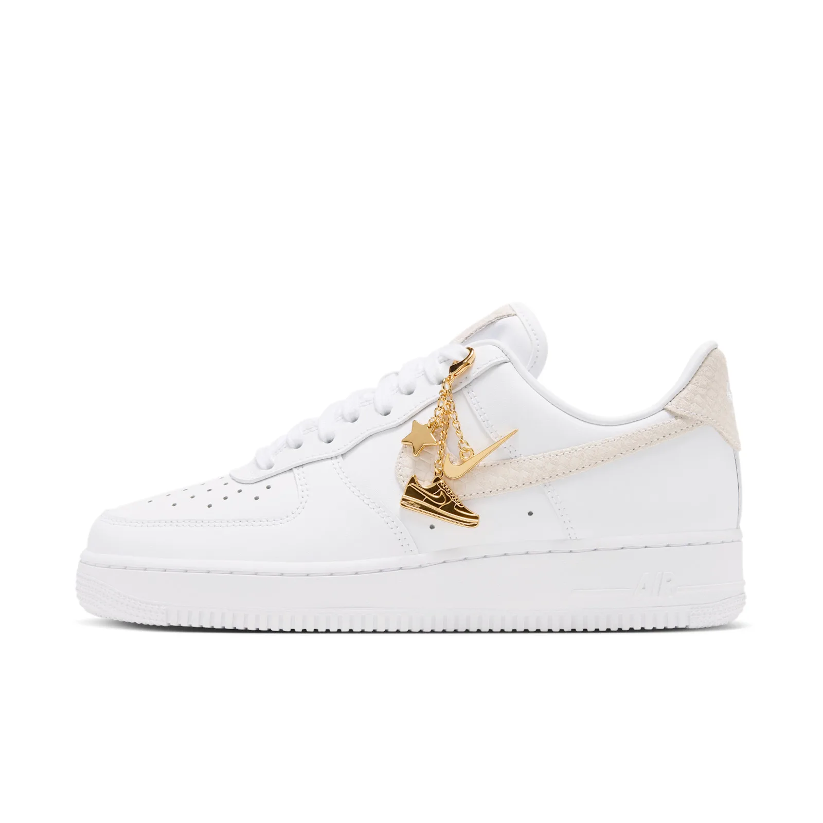 lateral view on white background, cream snakeskin swoosh with gold charms hanging from laces, Metallic Gold Charms