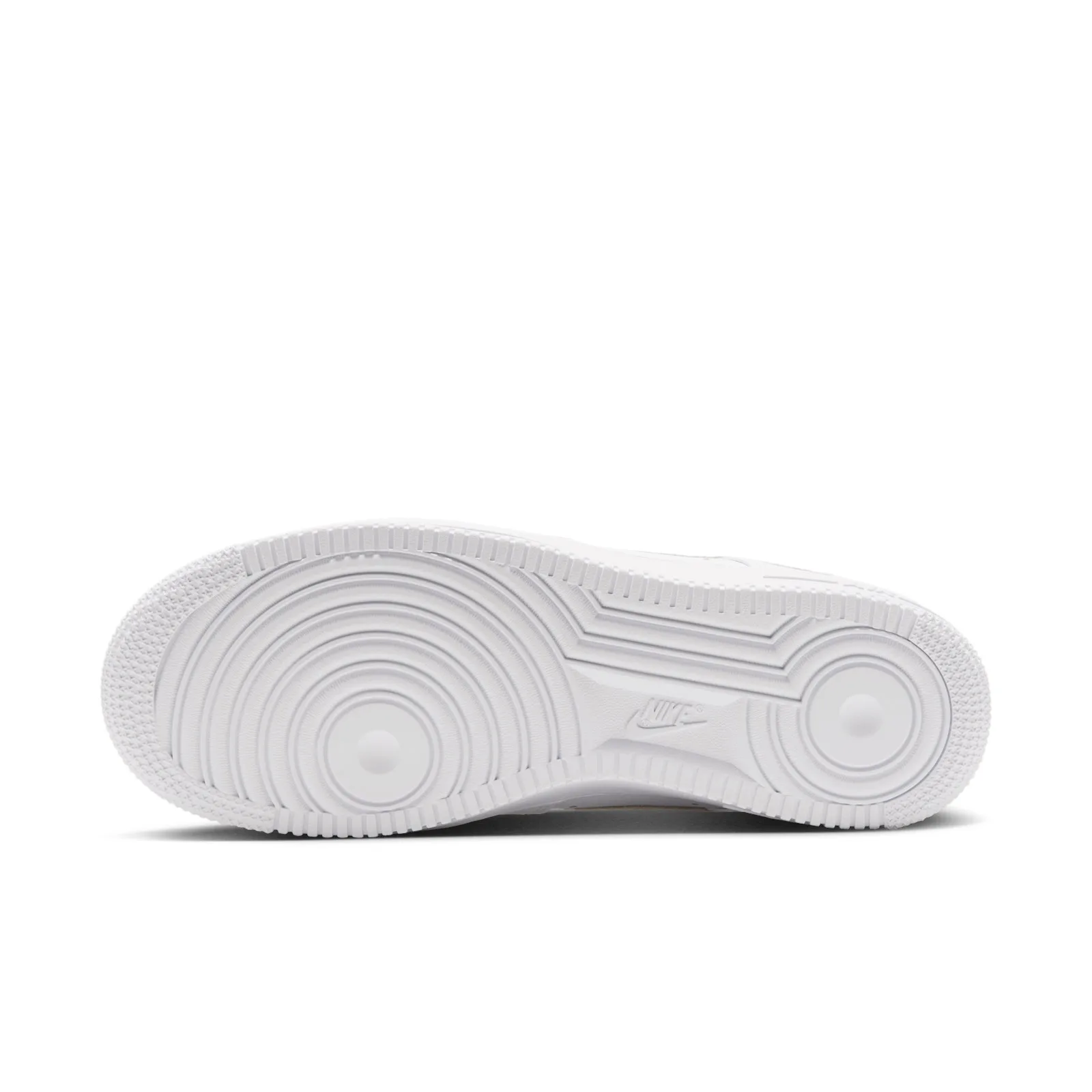 outsole view of pair, white rubber sole with circular heel and forefoot tread, Metallic Gold Charms