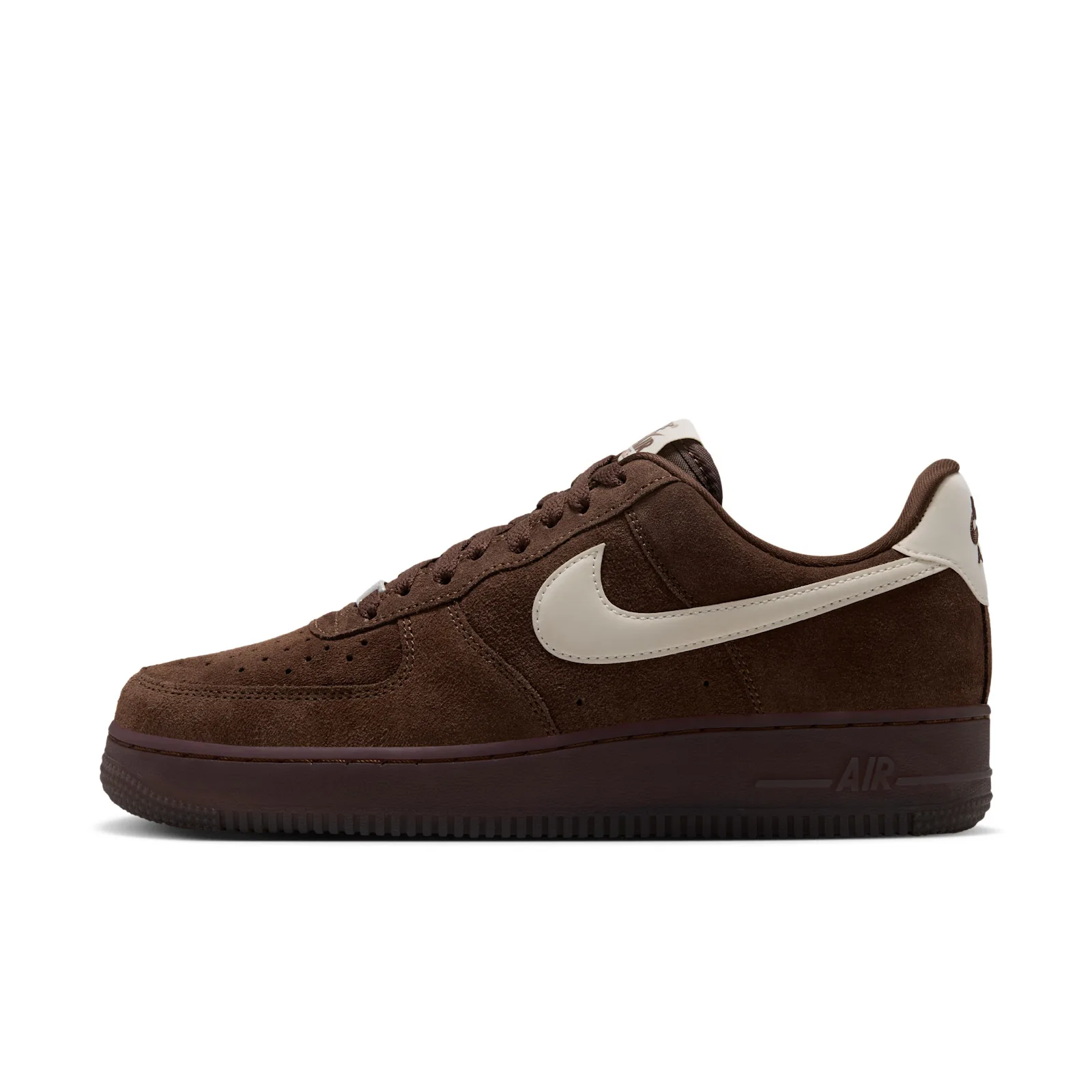 lateral view, brown suede with cream swoosh, AIR text on midsole, Mindfulness Pack