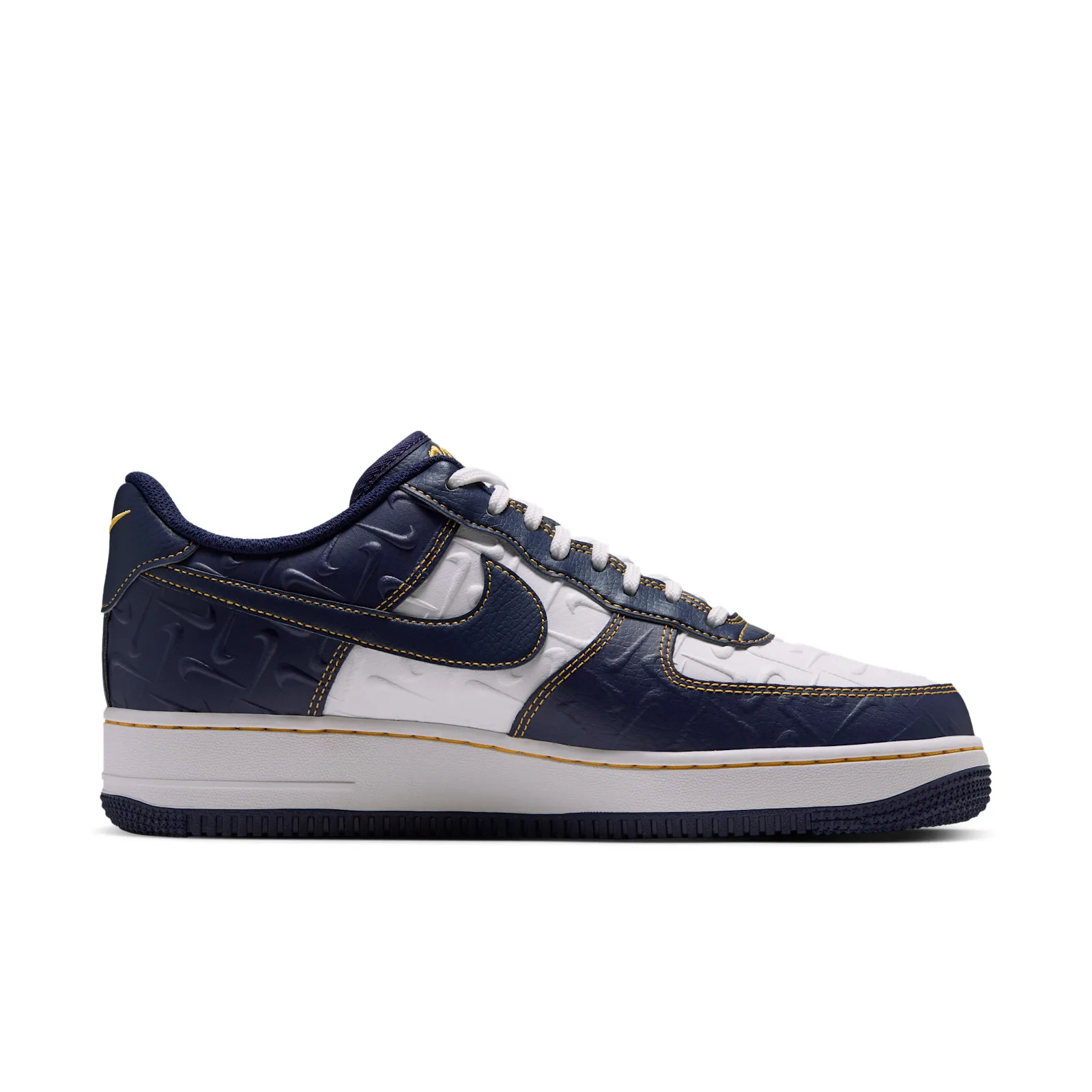 medial side view, navy and white leather with gold stitching, Low Mini Swoosh