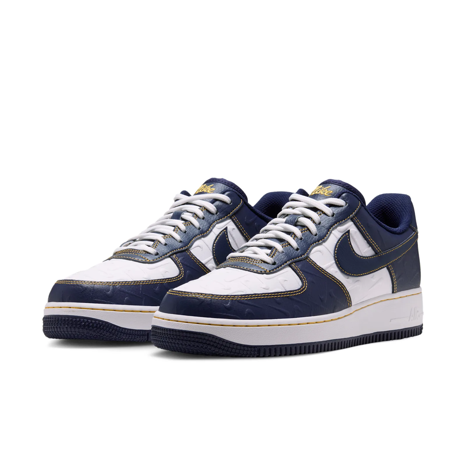 angled pair view, navy and white leather with gold accents, Low Mini Swoosh