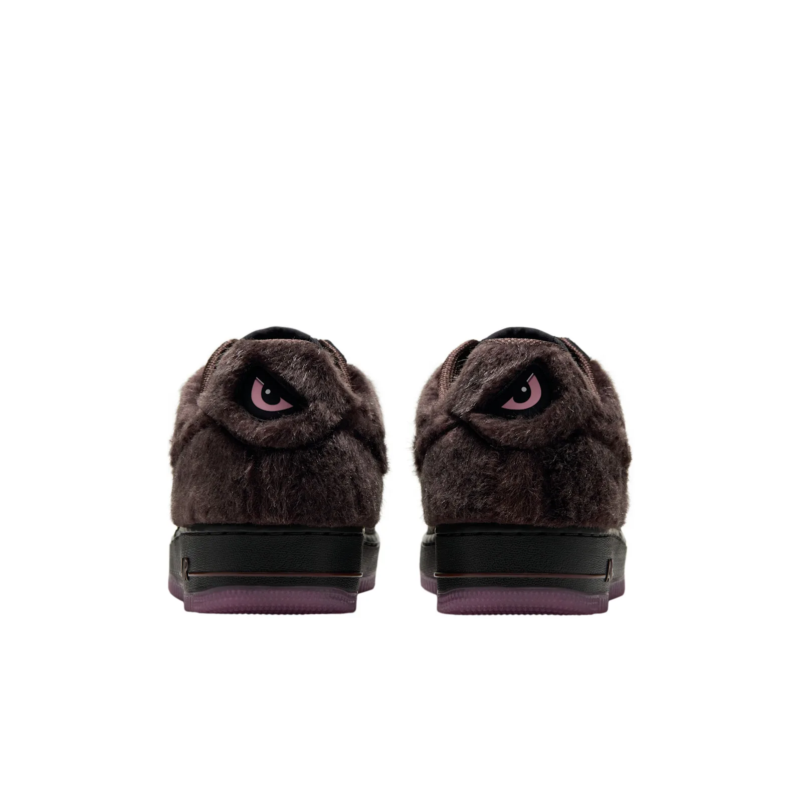heel view of pair, pink cartoon eyes embroidered on brown fur heel counters, NYC Rat
