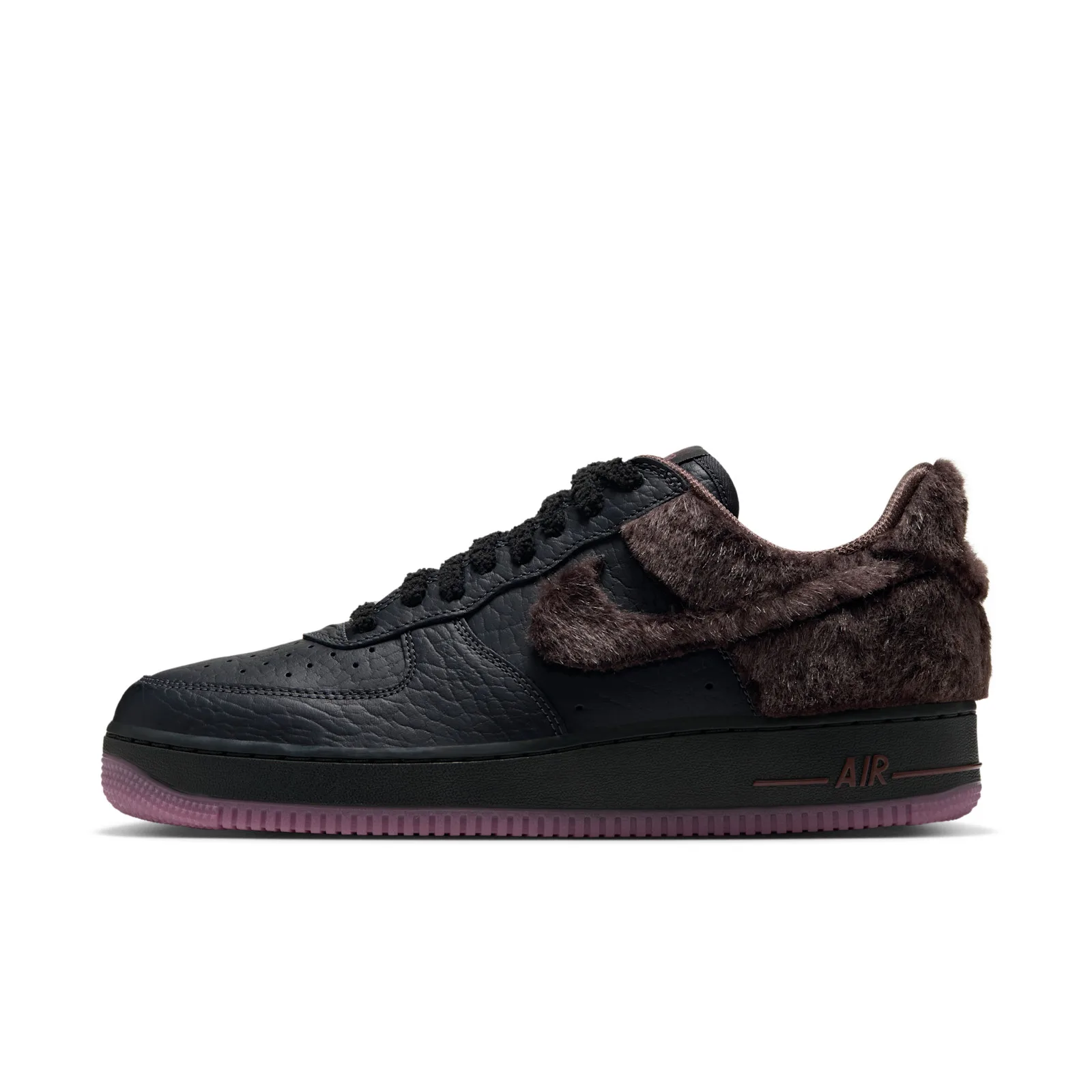 lateral view, fur-wrapped swoosh over black leather, chenille laces, purple sole edge, NYC Rat