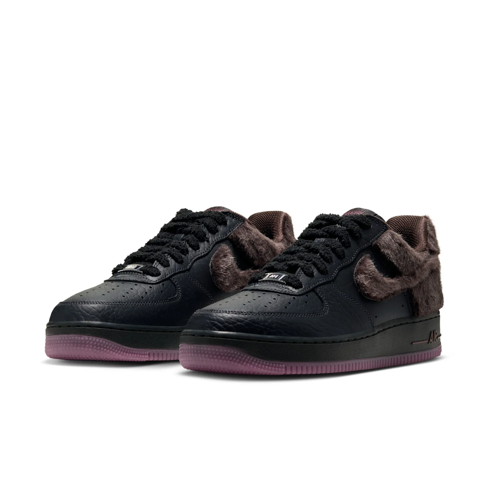 angled pair view, fur collars and swooshes, black leather, purple outsoles, NYC Rat