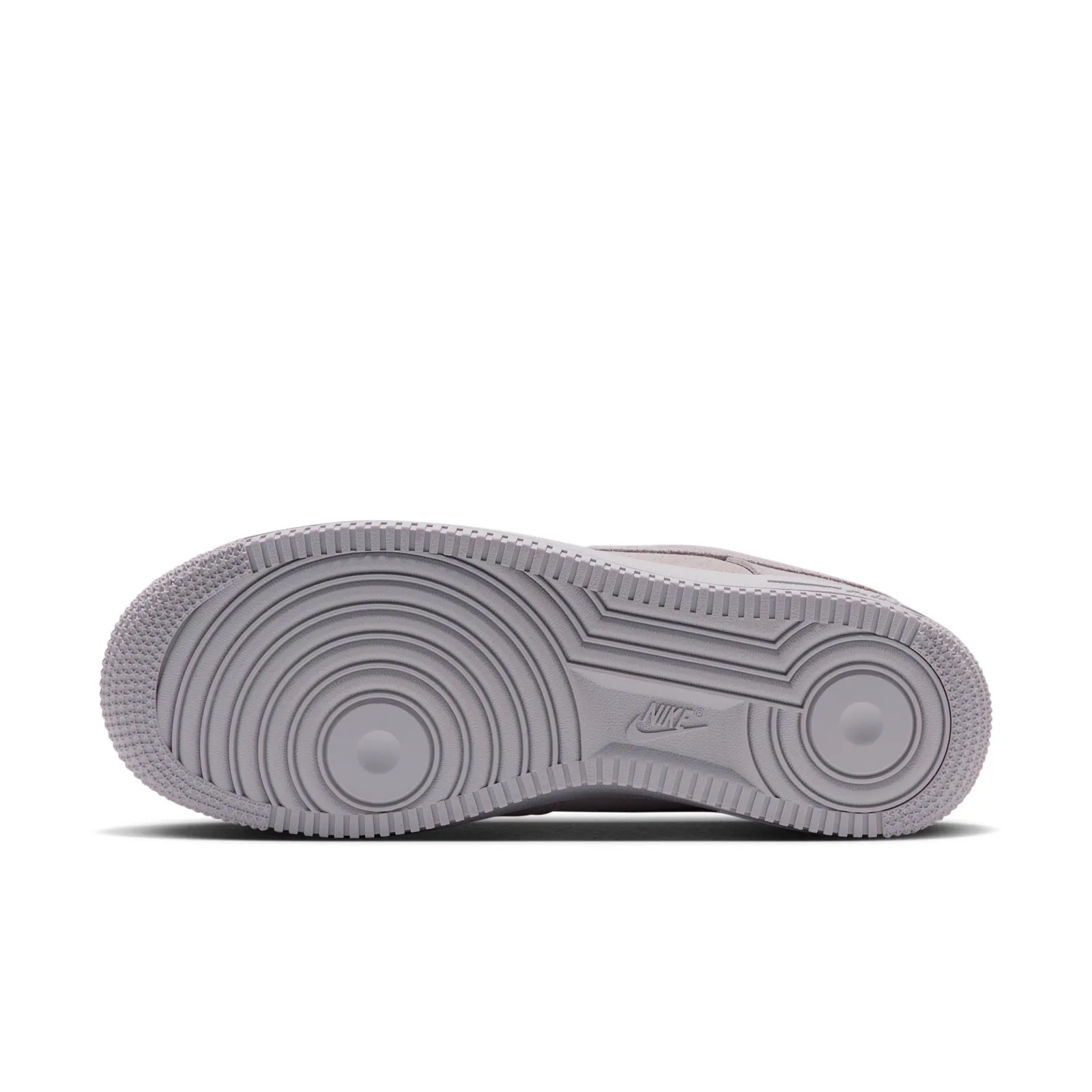 outsole view showing circular tread pattern and Nike logo in grey, Vast Grey