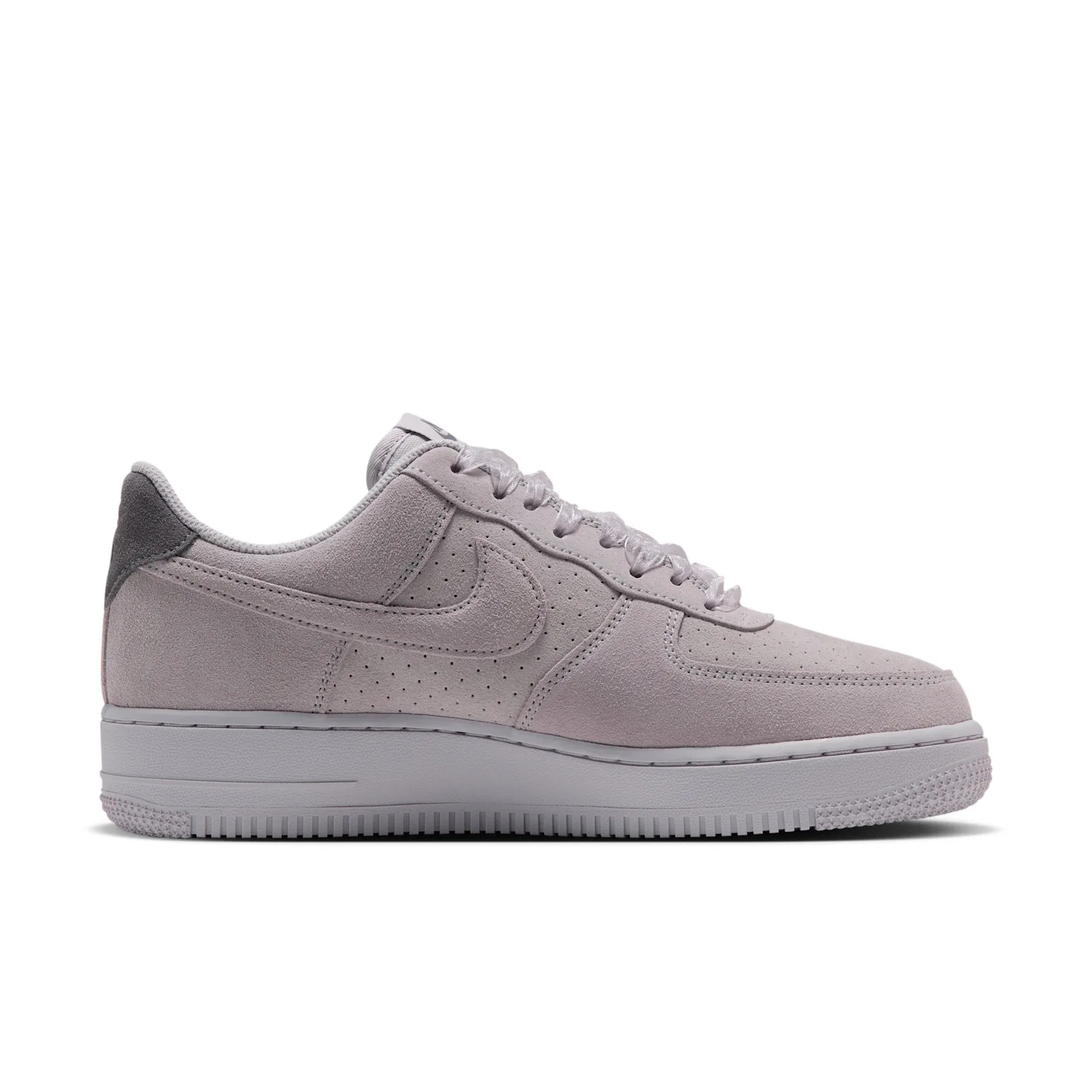 lateral view, grey suede upper with darker grey heel tab, white sole, Vast Grey