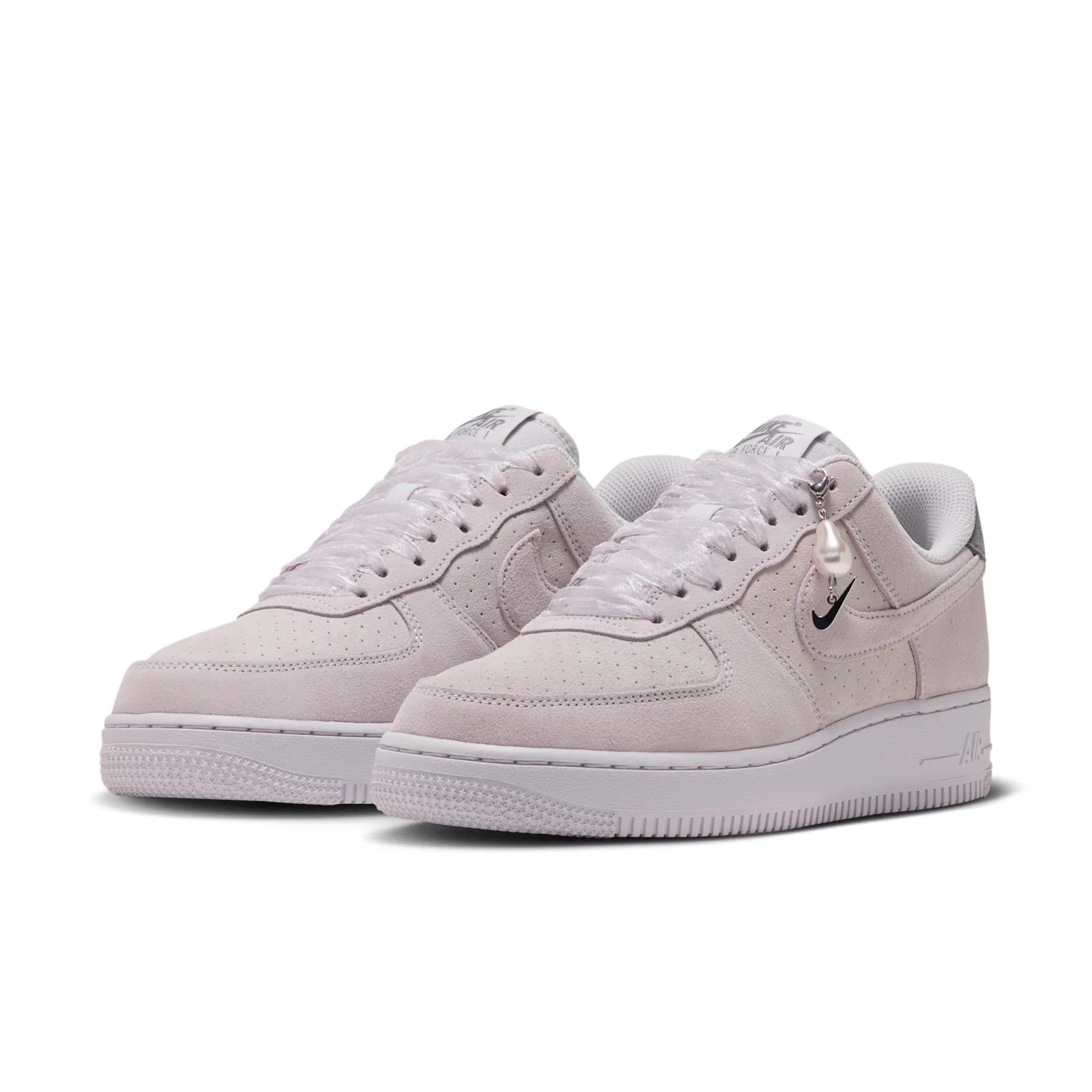 angled front view of a pair, pearl charm on lace, white midsoles, Vast Grey
