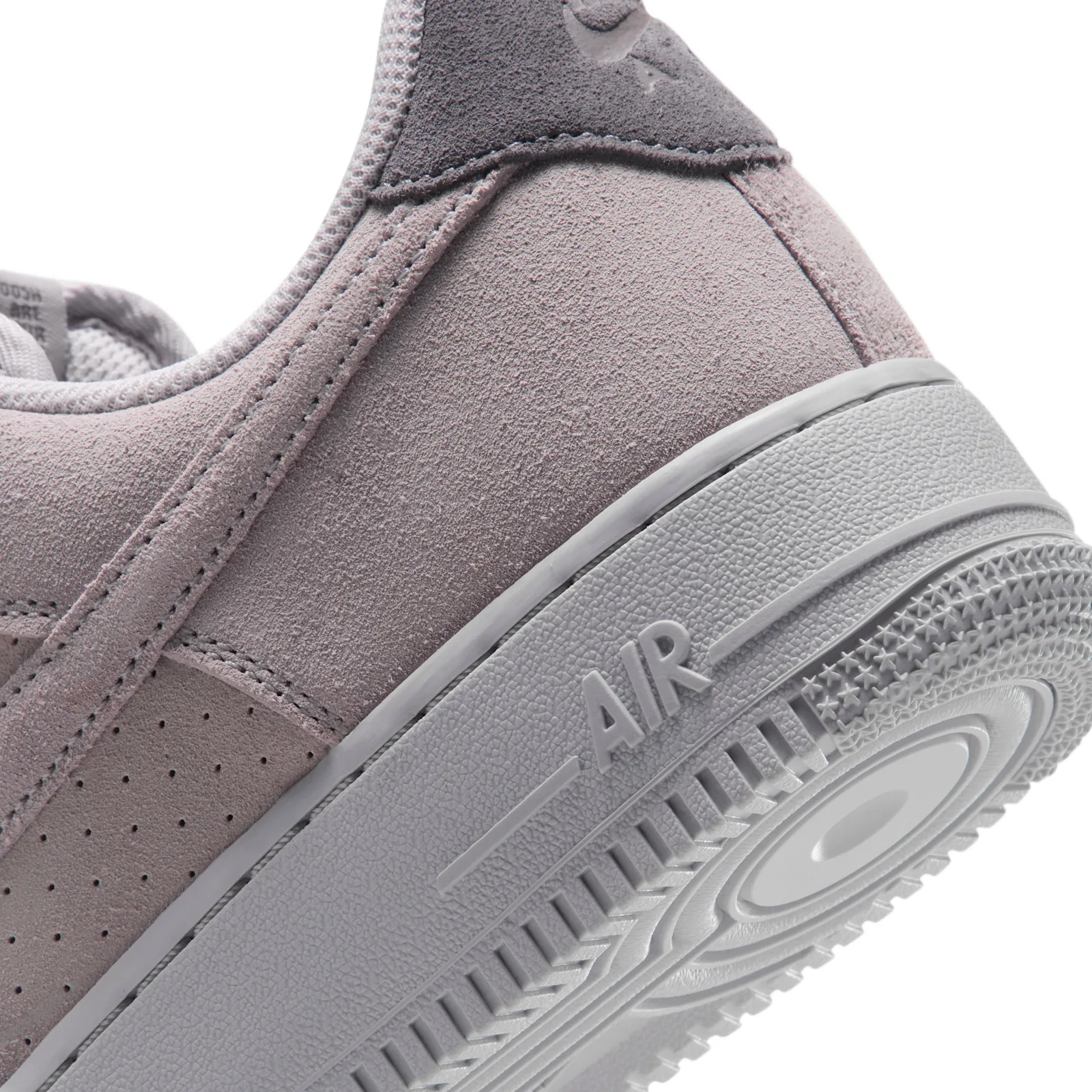 close-up of heel and sole, grey suede grain, embossed AIR text on midsole, Vast Grey
