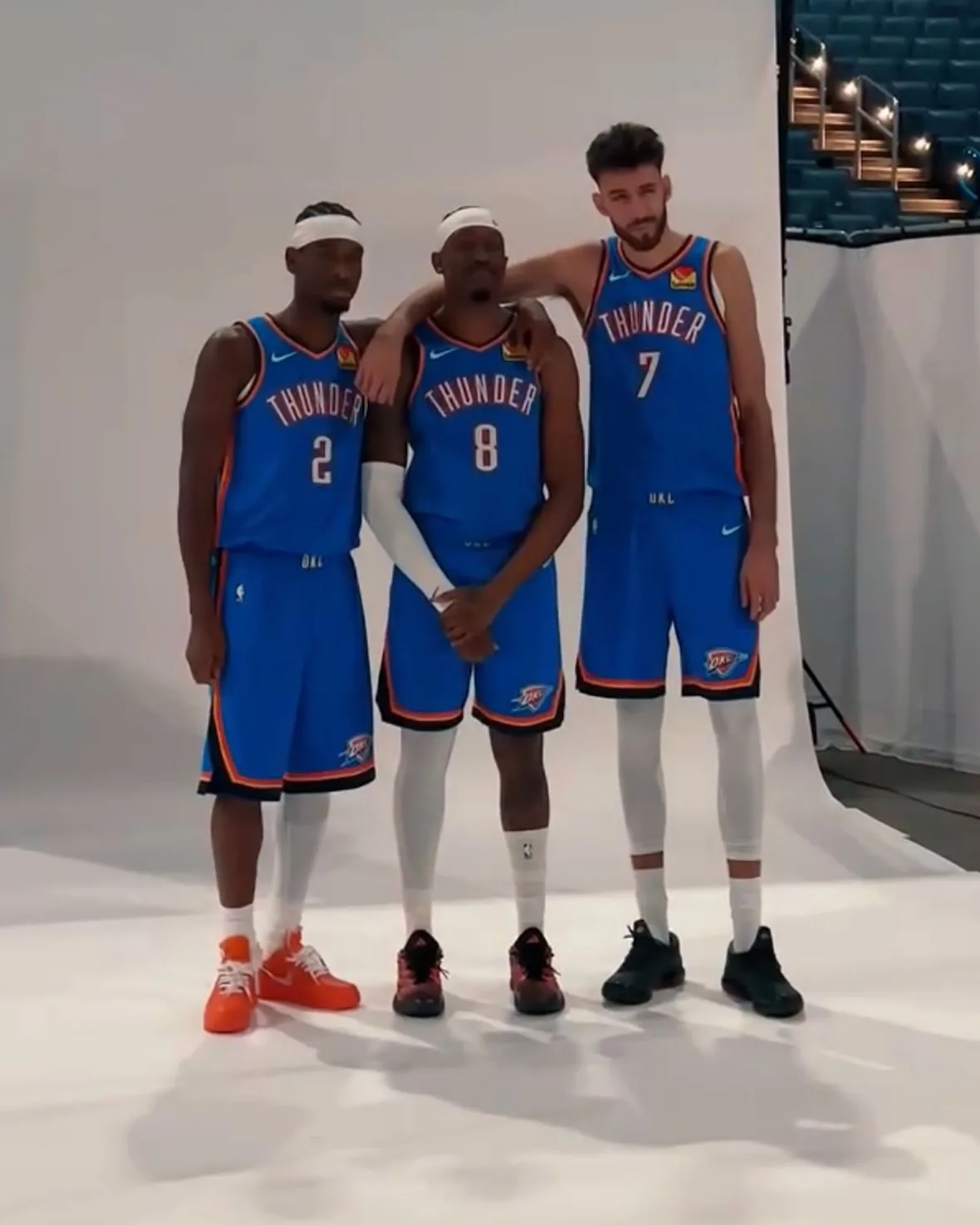 on-foot view worn by player in blue Thunder jersey, teammates in black sneakers, Abloh Archive (Orange)