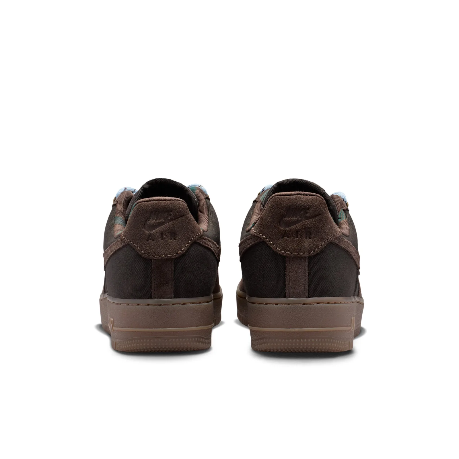 heel view of pair, brown suede tabs with embossed Nike Air text, Workboot