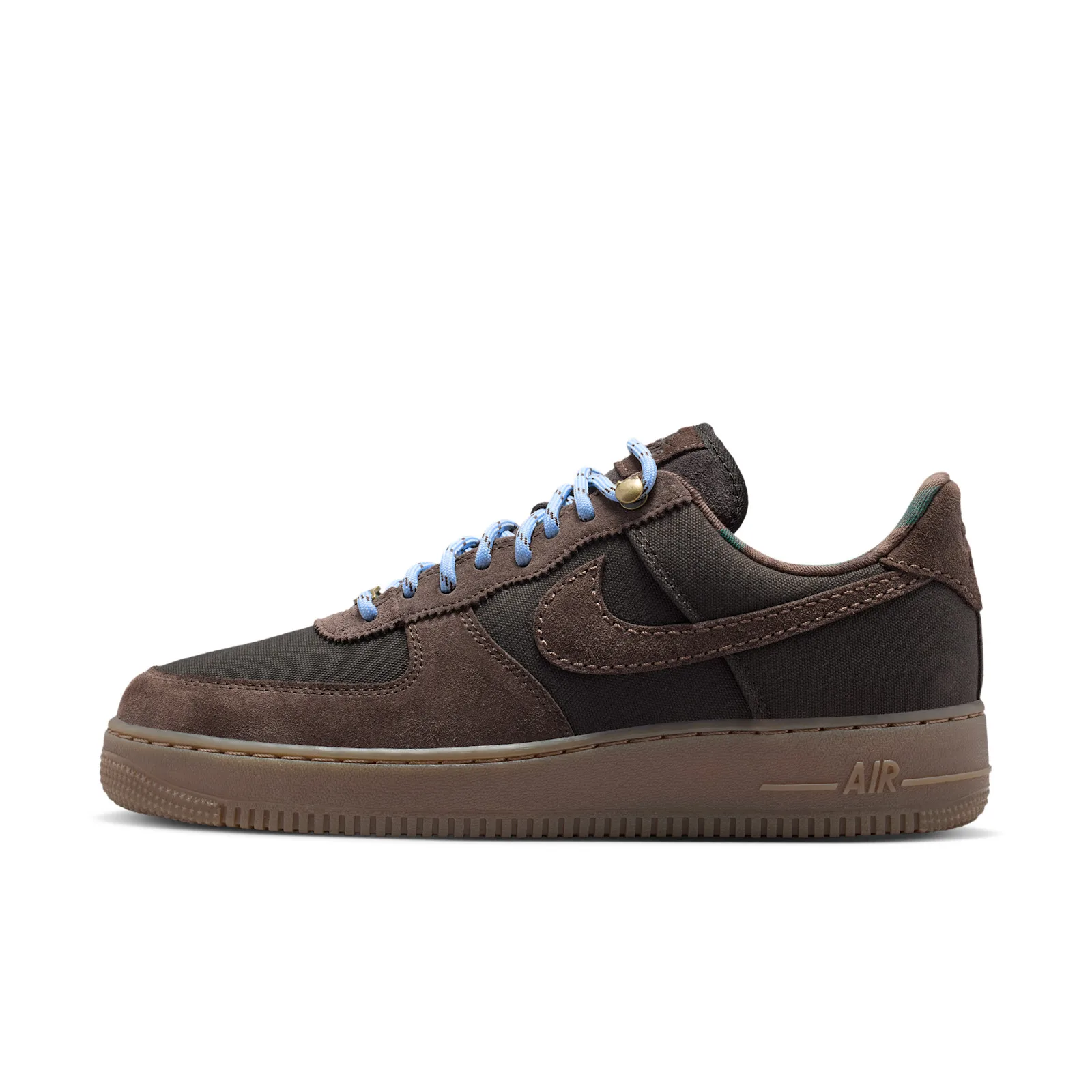 lateral view, brown suede toe and heel, olive canvas midfoot, gum outsole, Workboot