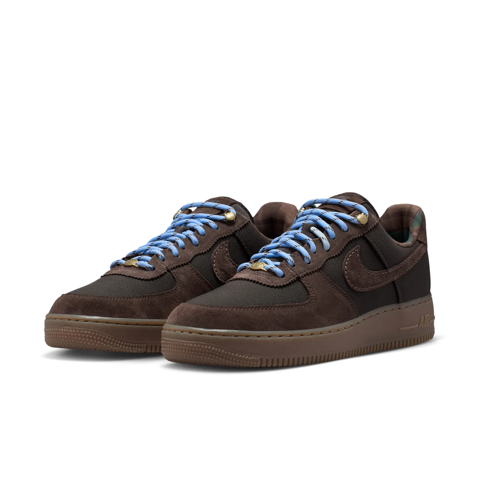 angled front pair view, blue rope laces with gold aglets, gum soles, Workboot