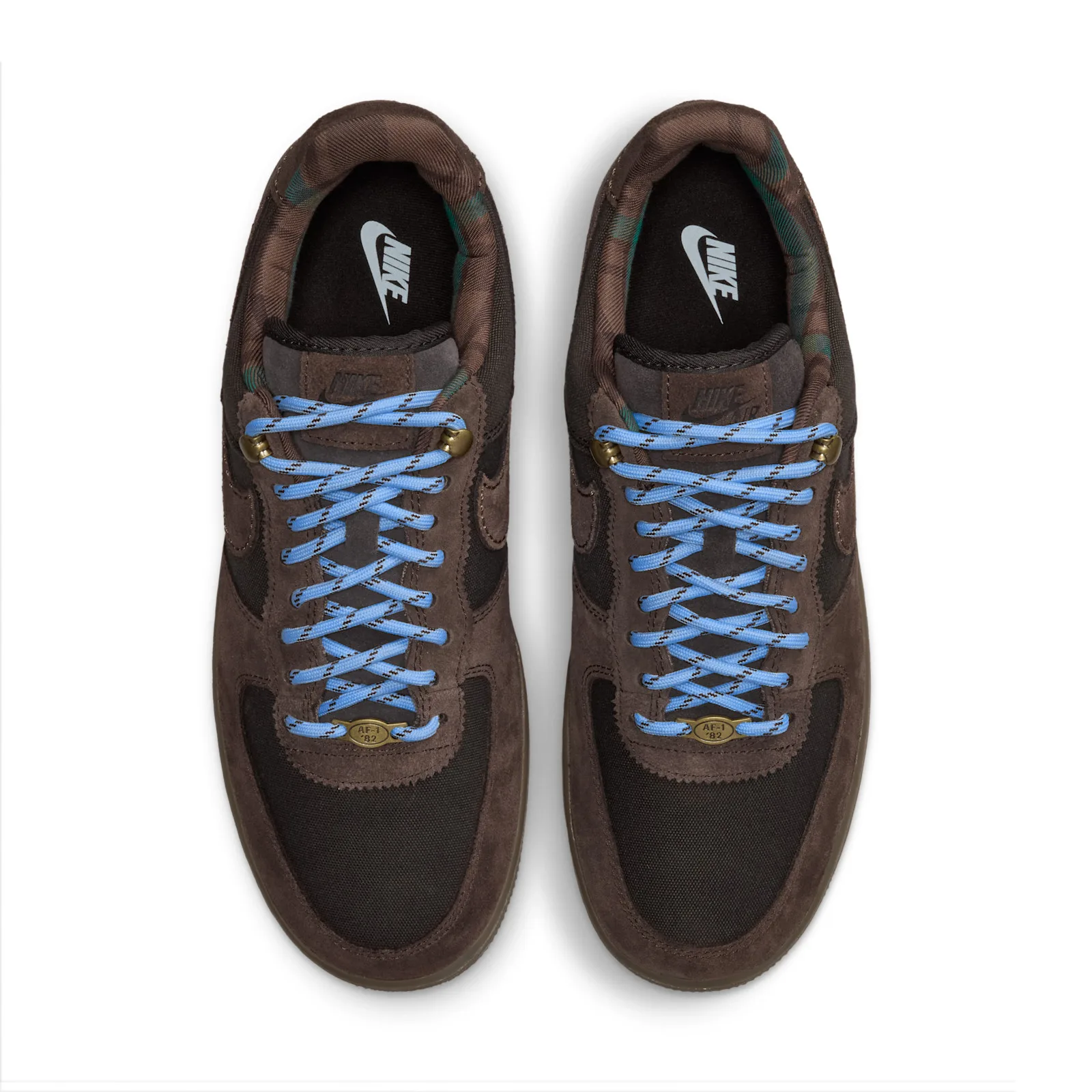 top-down pair view, plaid interior lining and crossed blue laces, Workboot