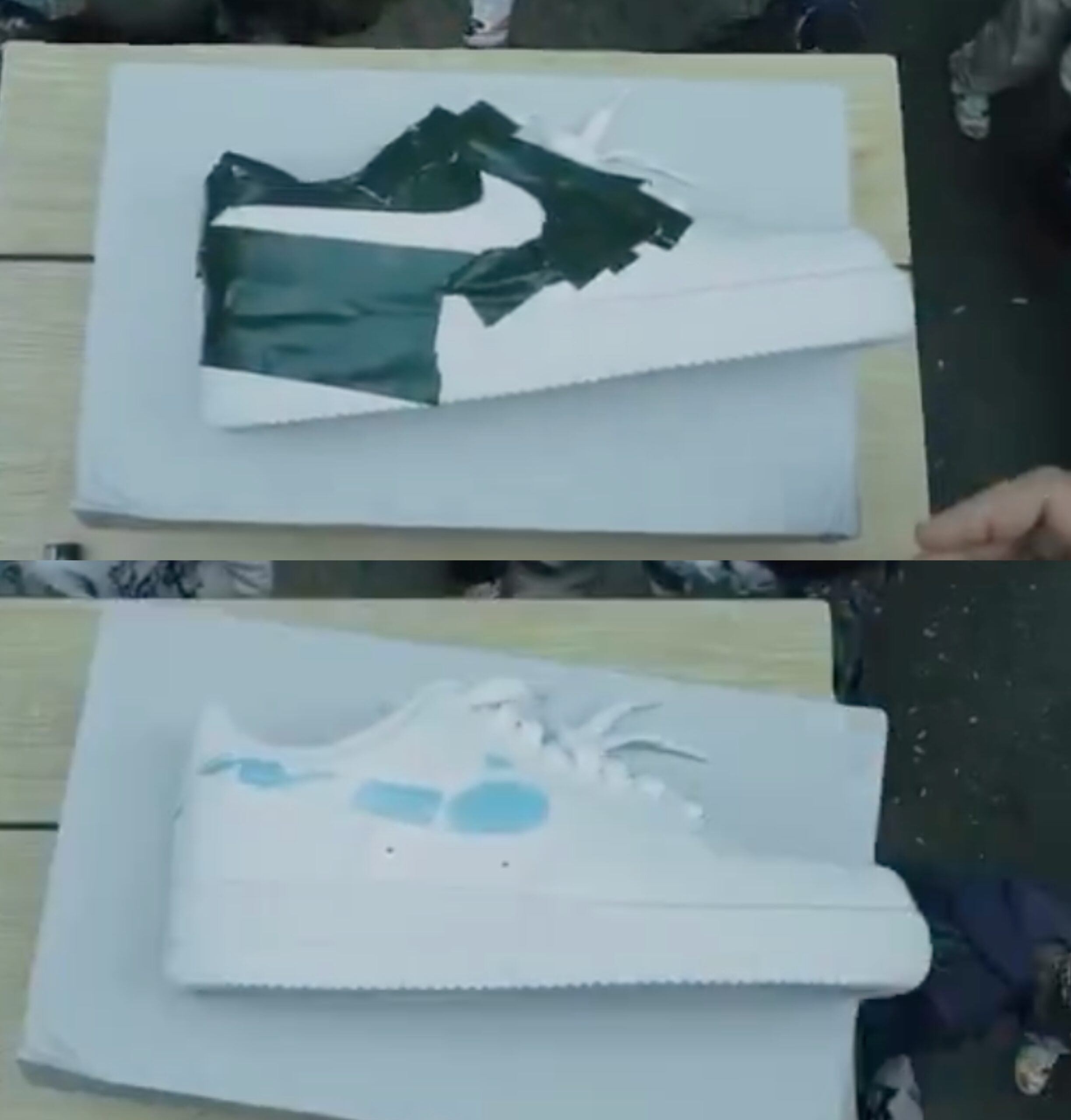 stacked lateral views of white sneaker, dark taped swoosh above light blue accents, Triple White
