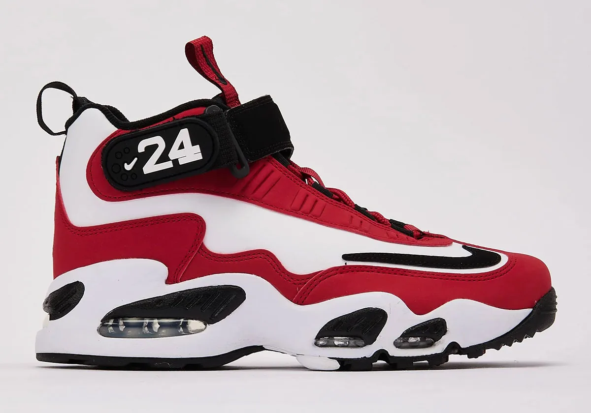 lateral view, red and white upper with black swoosh and '24' strap detail, Cincinnati Reds