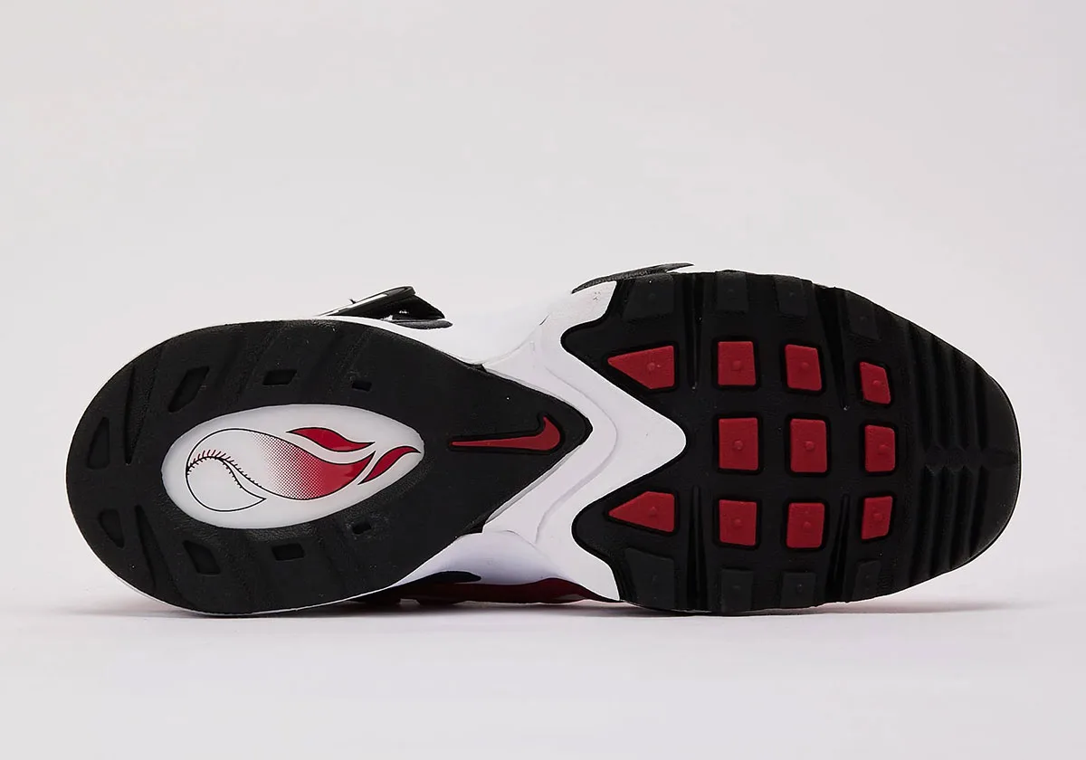 outsole view showing baseball-and-flame graphic in red, white and black, Cincinnati Reds