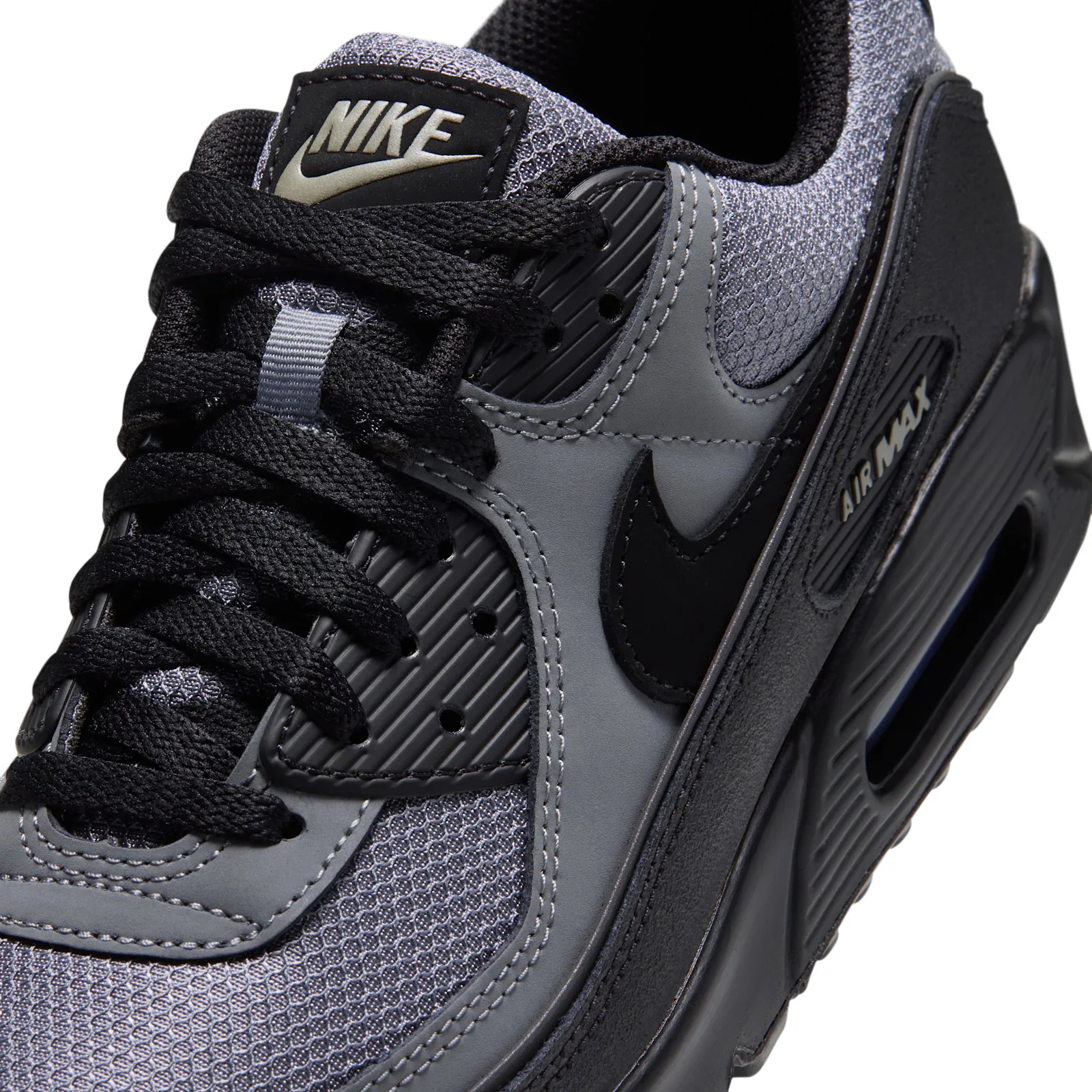 close-up toe and midfoot detail, black swoosh, laces, and AIR MAX text, Cool Grey