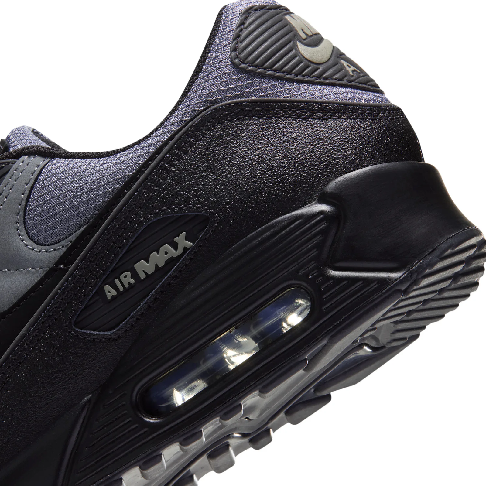 close-up heel and midsole detail, AIR MAX text beside visible Air-Sole unit, Cool Grey