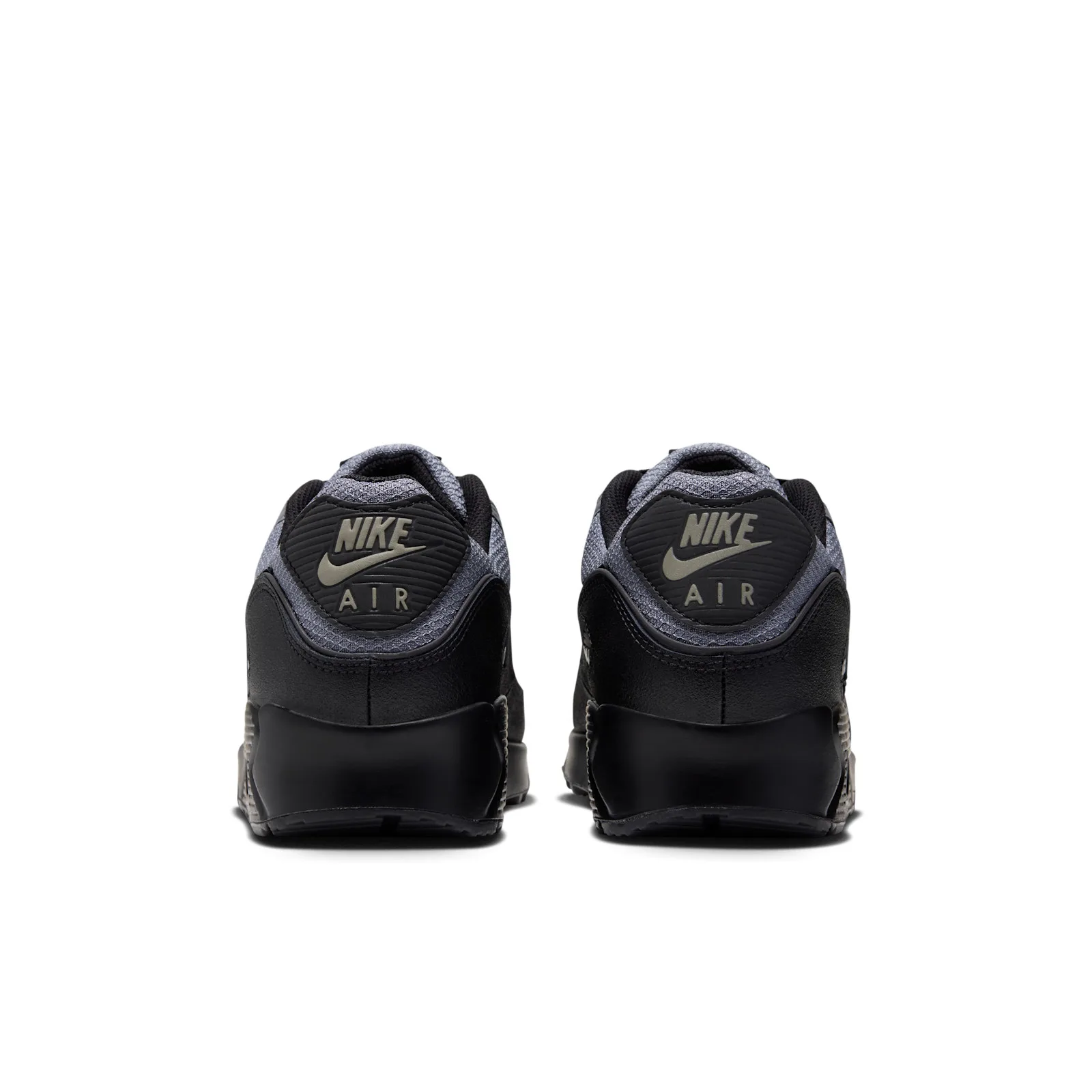 heel view of pair, black heel tabs with grey NIKE AIR text and swoosh, Cool Grey