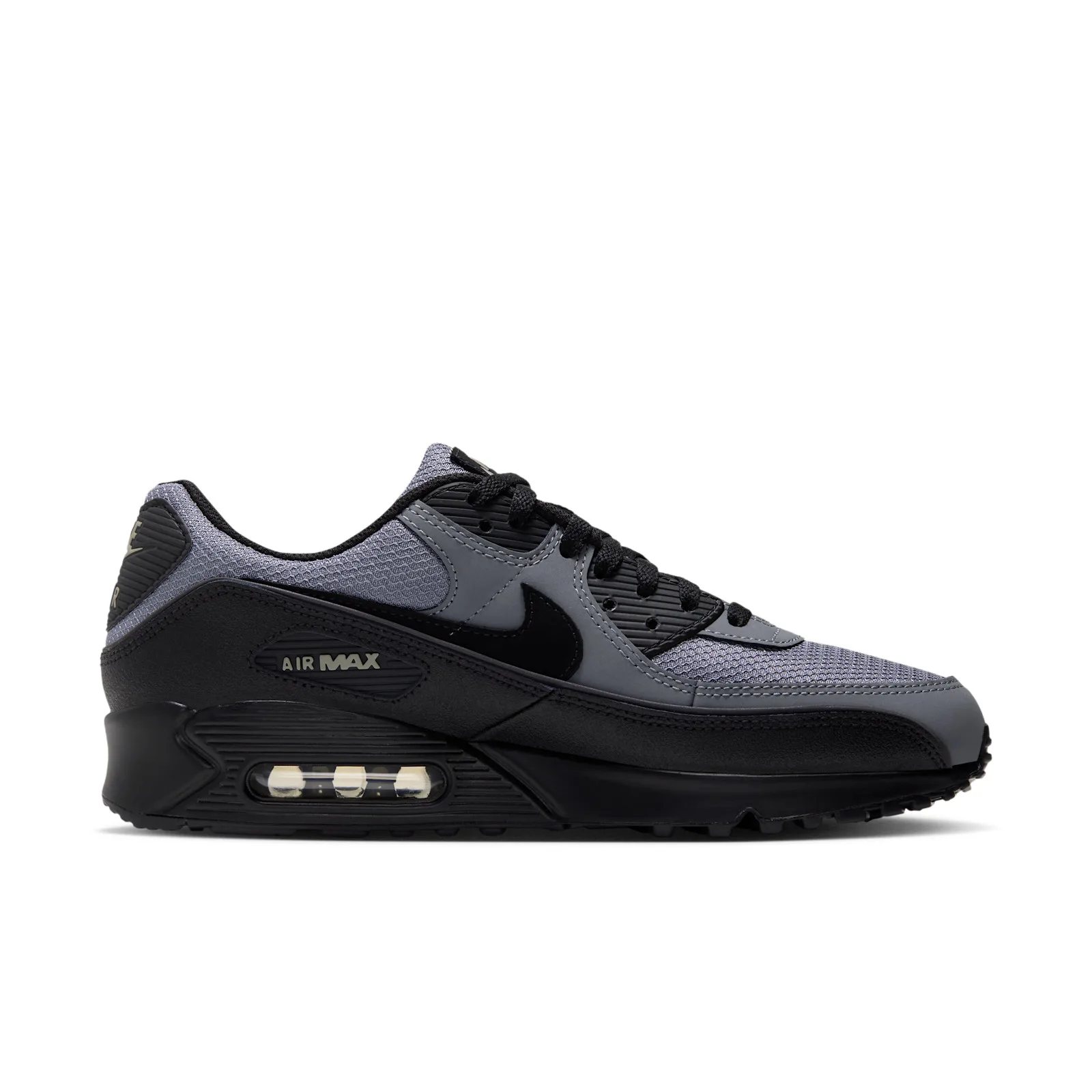 close lateral view, grey mesh and black suede overlays, AIR MAX branding on midfoot, Cool Grey