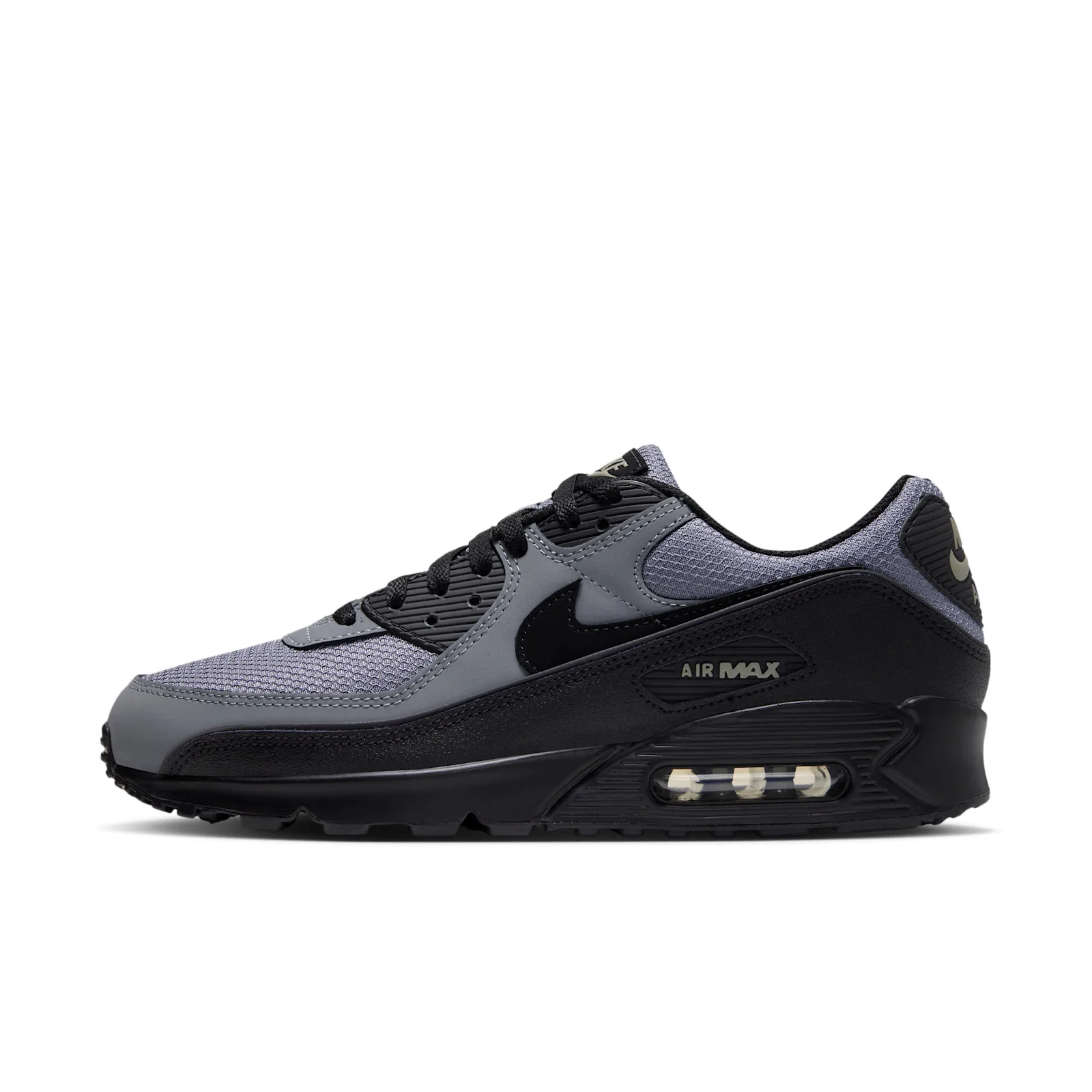 lateral view, grey mesh toe with black heel counter, tonal Nike swoosh, visible Air unit, Cool Grey