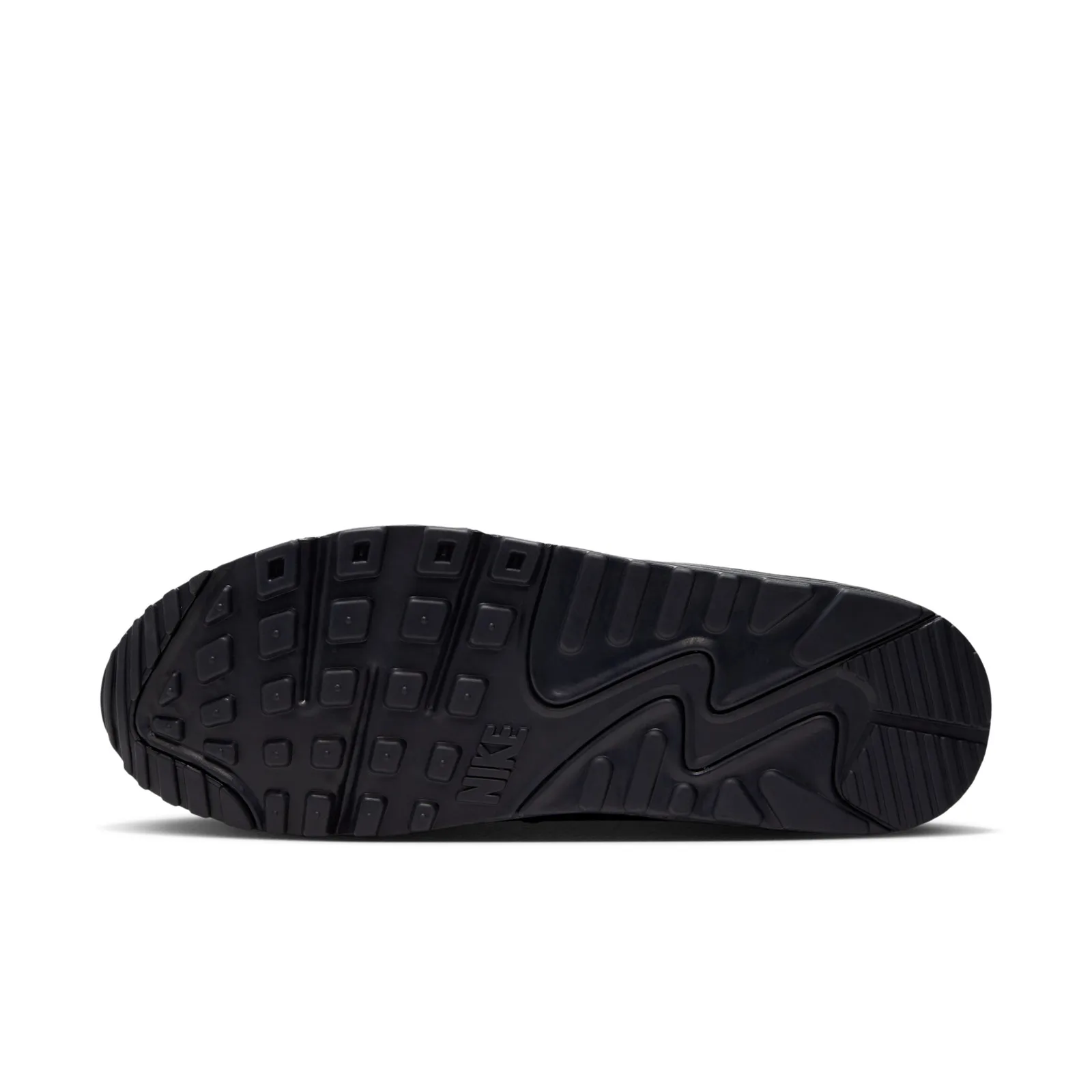 outsole view, black waffle-and-grid tread with NIKE text on forefoot, Cool Grey