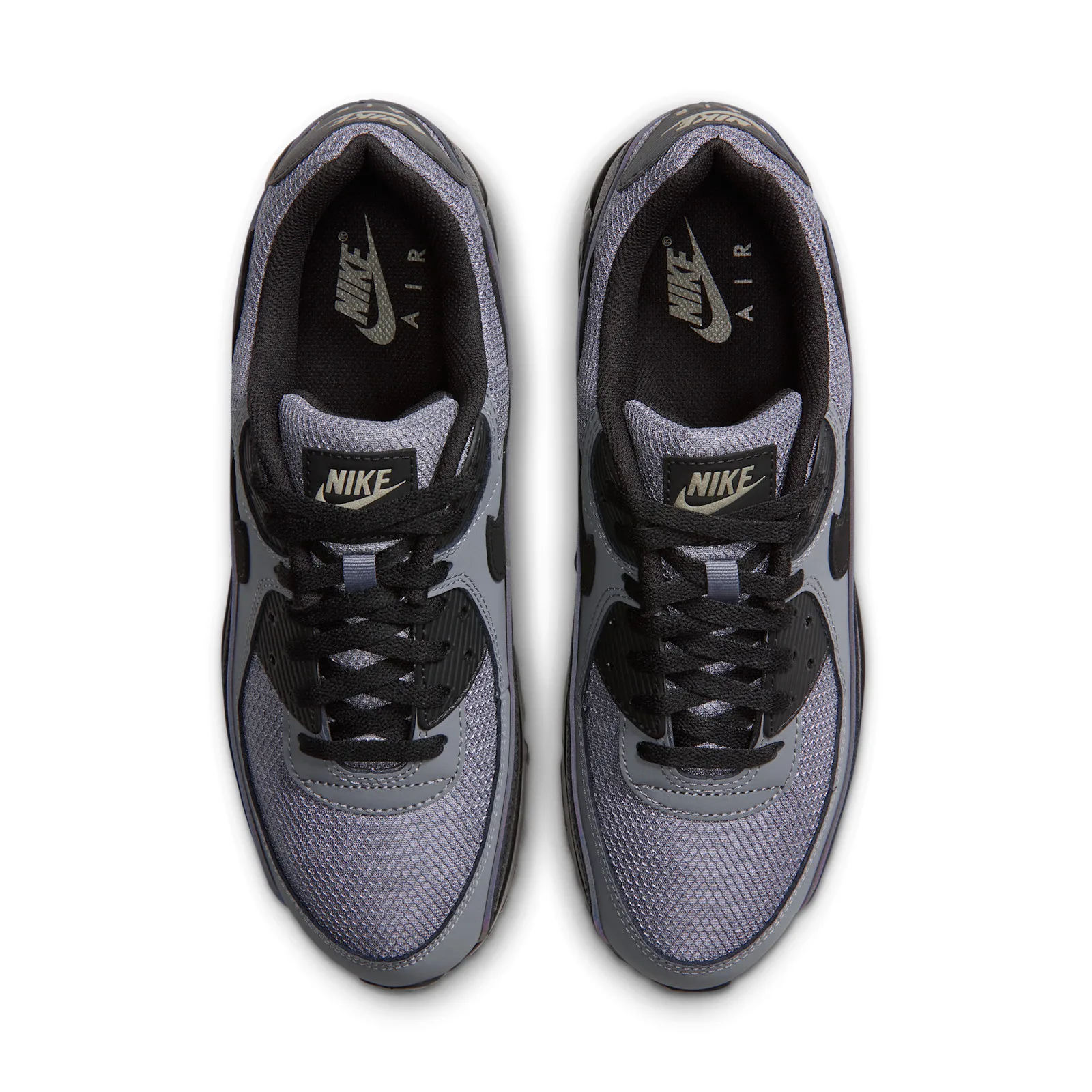 top-down pair view, grey mesh uppers, black laces, NIKE tongue tags, Cool Grey