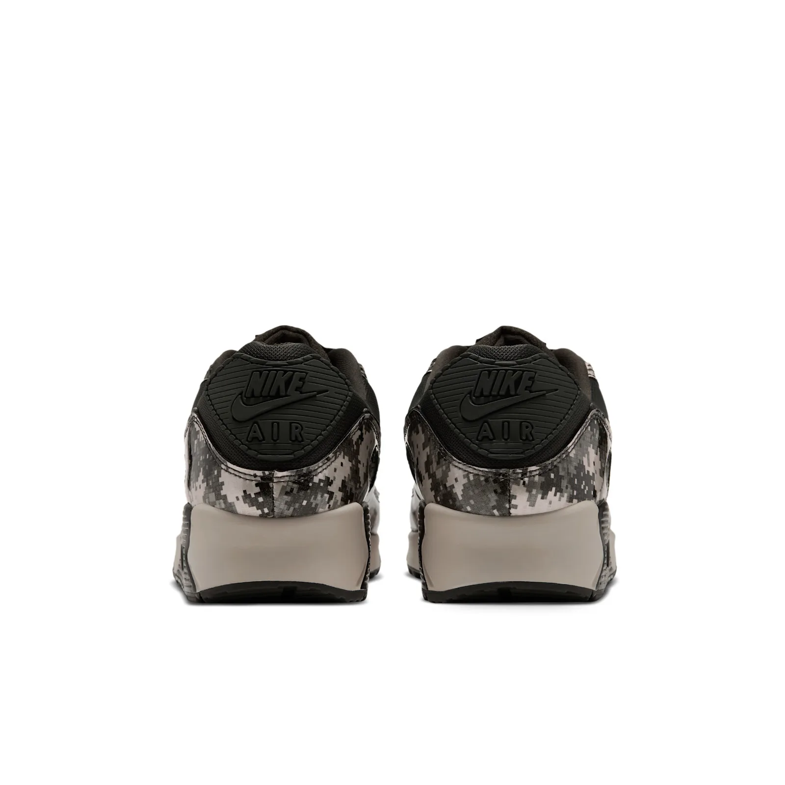 heel view of pair showing Nike Air branding and tan heel clips, Digi Camo