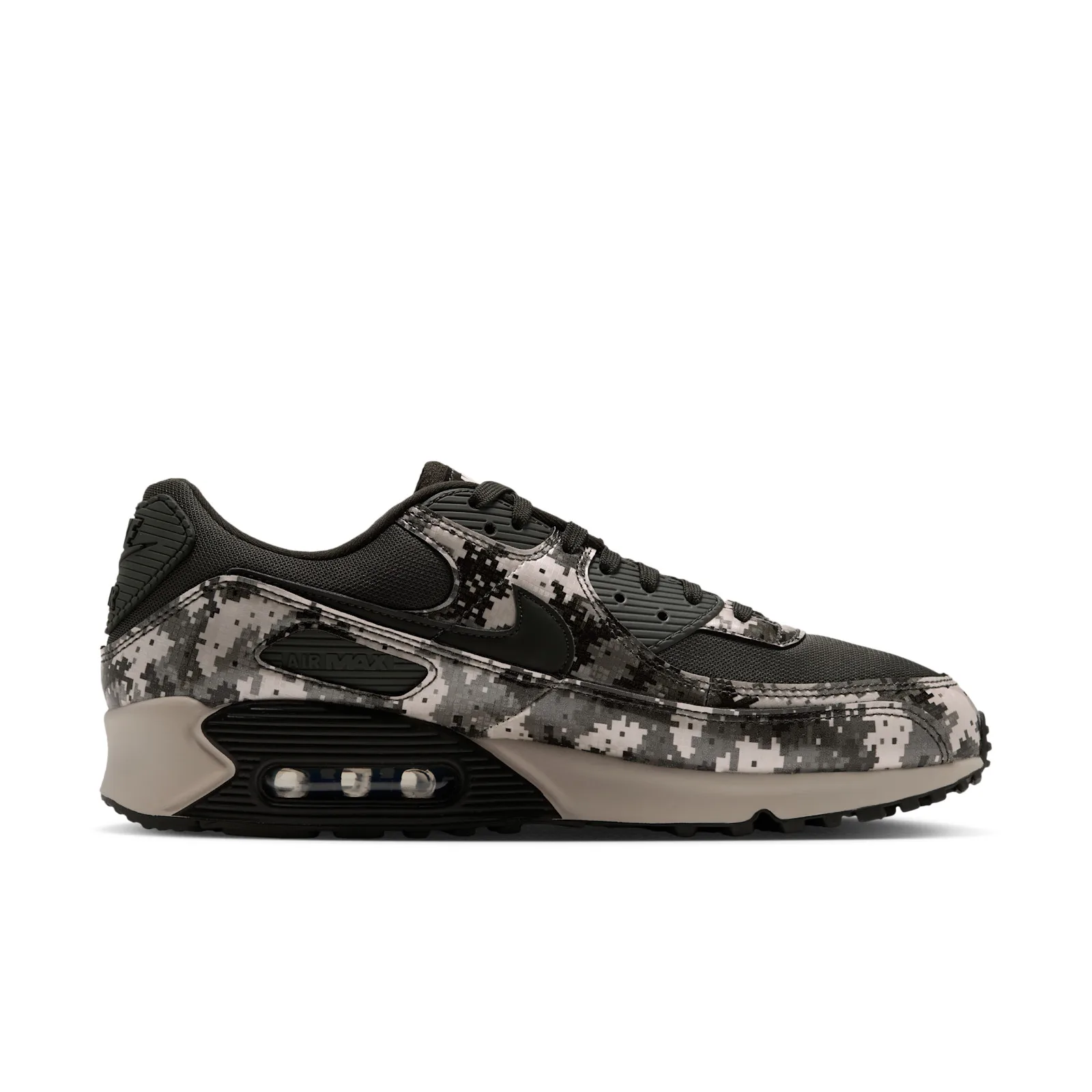 lateral view, olive-black overlays over digi camo upper, tan midsole, Digi Camo