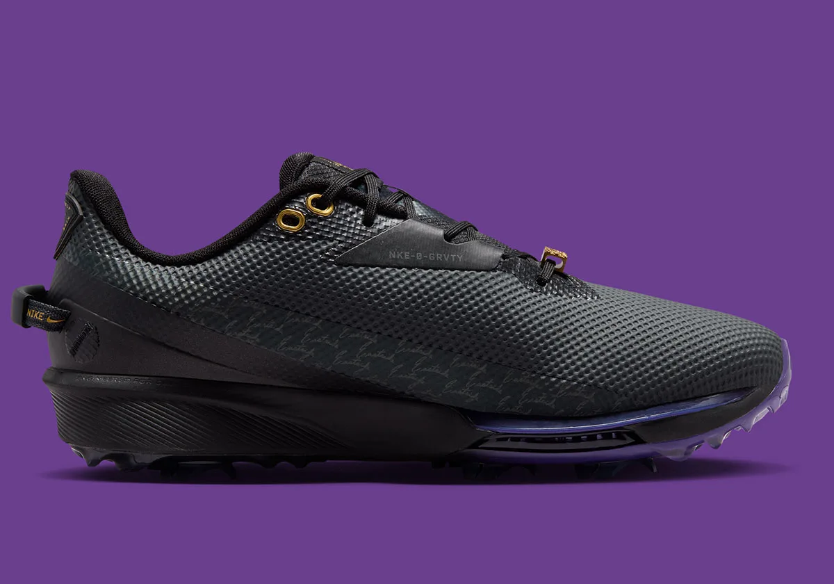 lateral view, black textured upper with gold eyelets and translucent purple outsole, Nike Air Max 90 x Eastside Golf