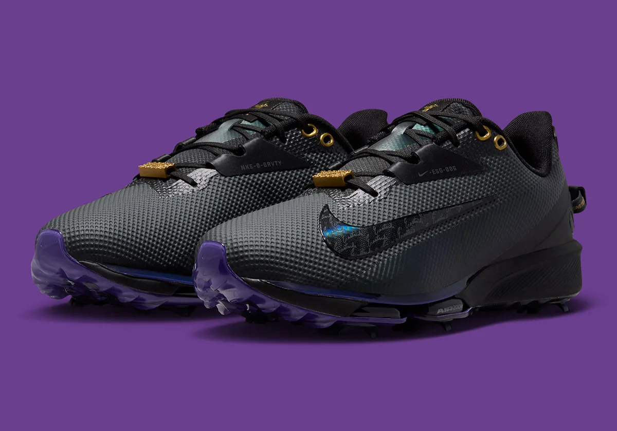 angled pair view, gold lace toggles and purple translucent cleated outsole, x Eastside Golf