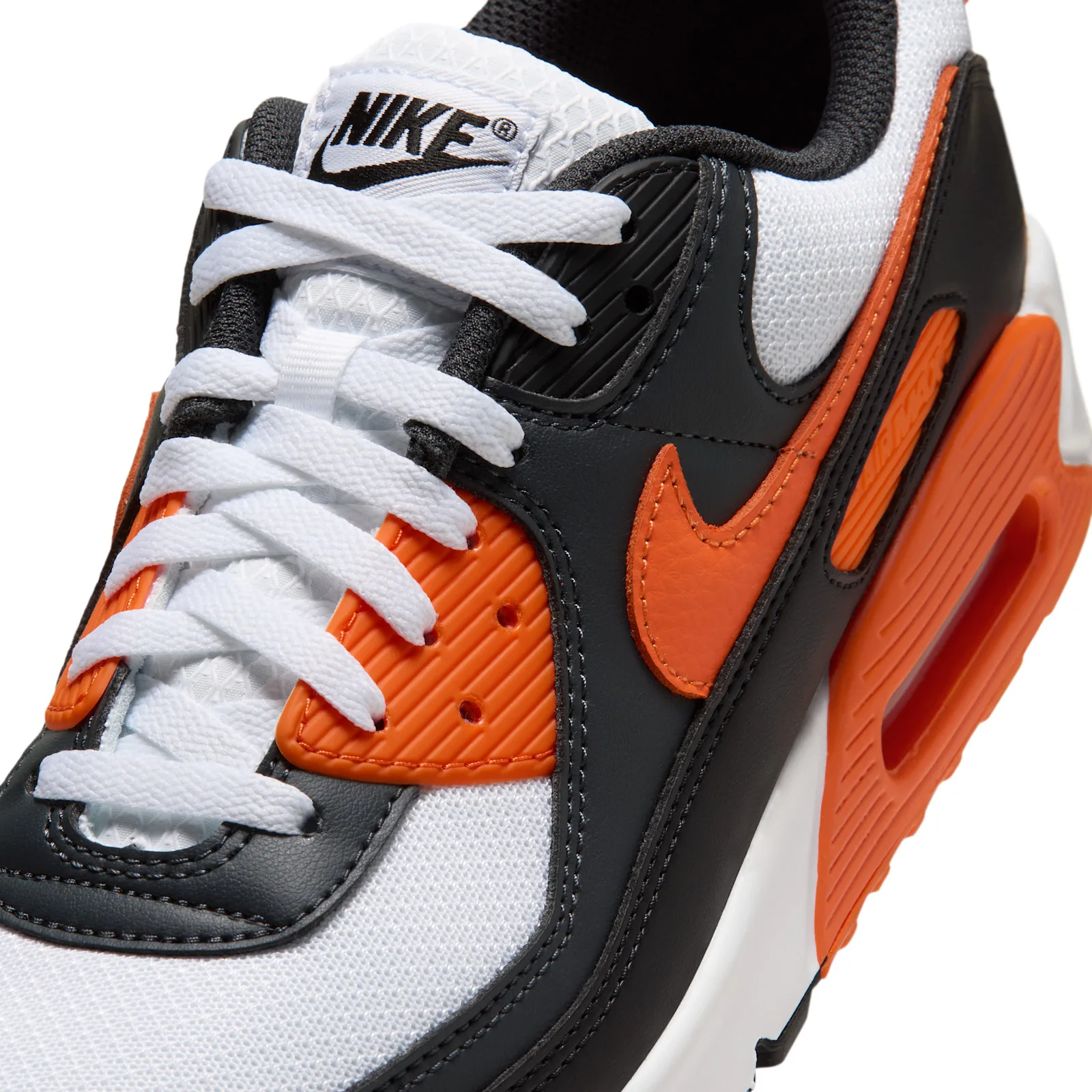 close-up of laces and swoosh, orange swoosh and Air Max text on side panel, Air Max 90