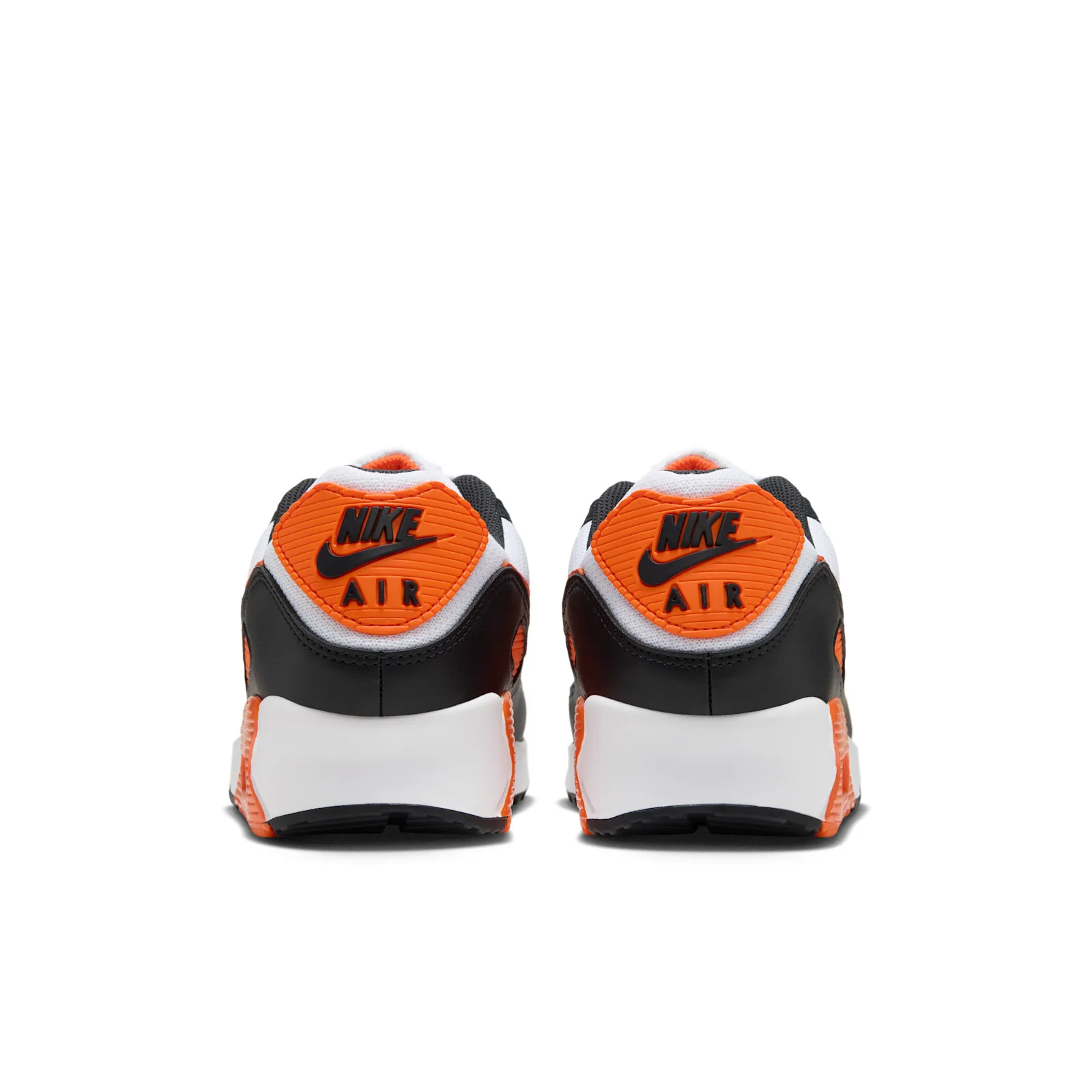 heel view of pair, orange heel tabs with black Nike Air text, Air Max 90