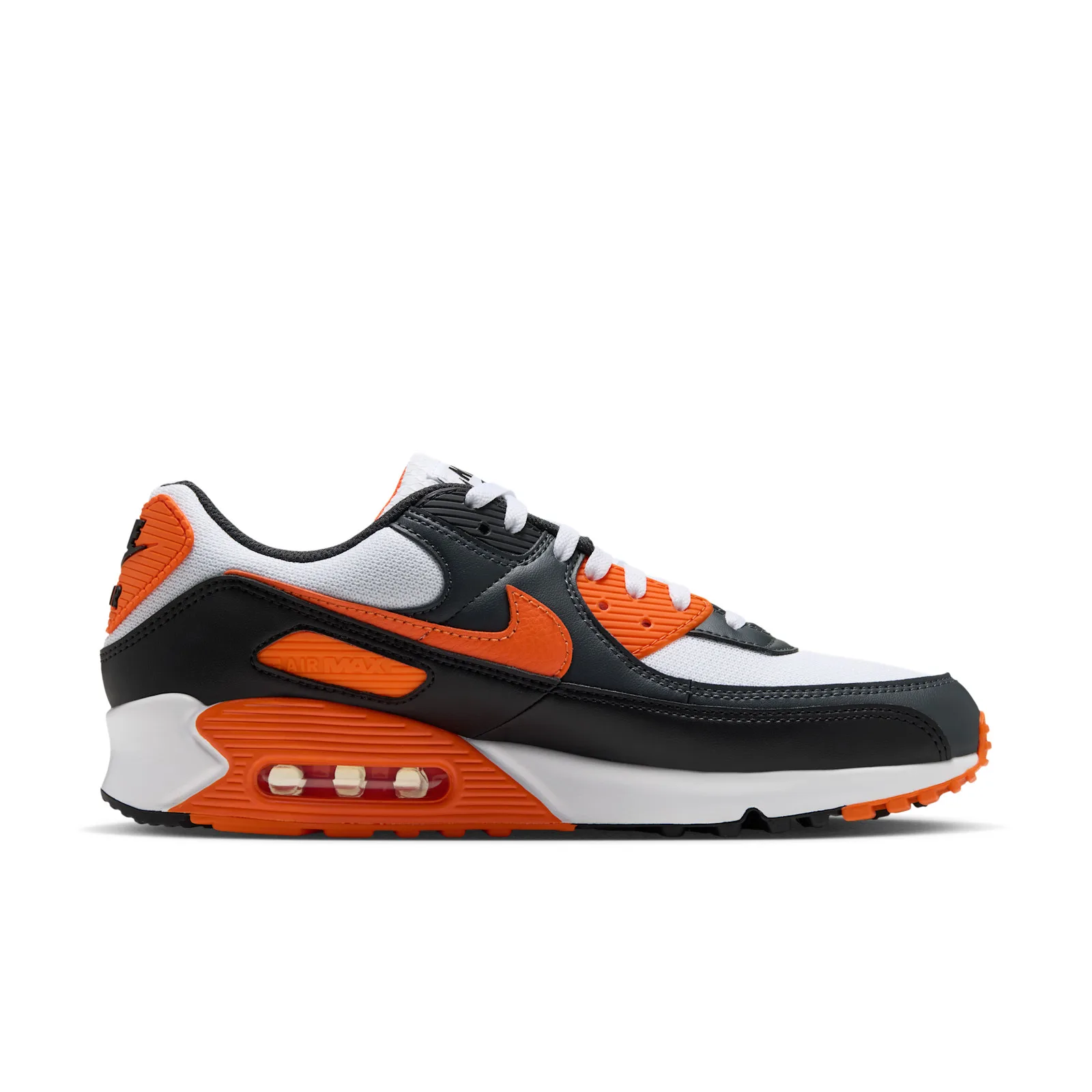 lateral view toe-left, orange heel tab with black Nike lettering, Air Max 90