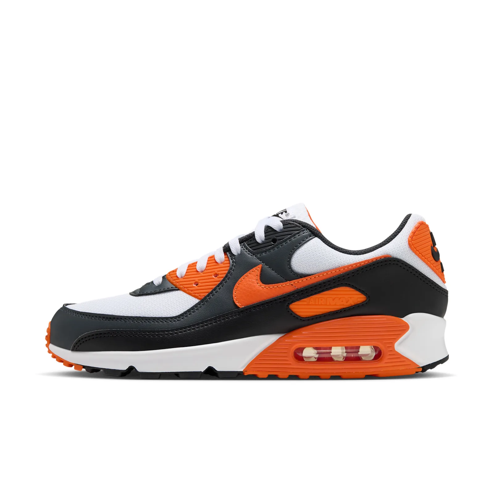lateral view close-up, orange Air Max text embossed on midfoot panel, Air Max 90