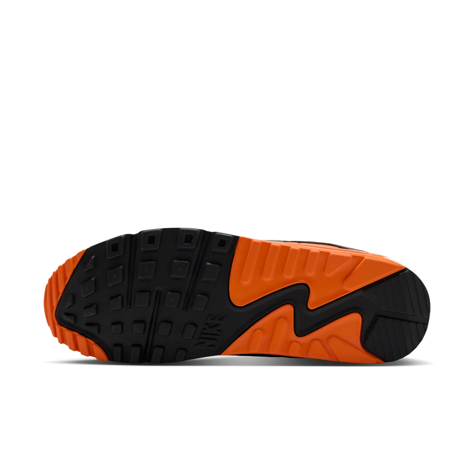 outsole view, black and orange waffle tread with moulded Nike text, Air Max 90