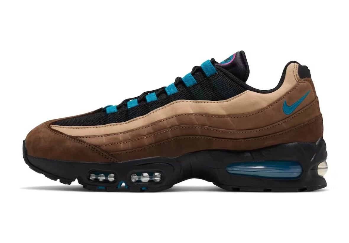 lateral side view, brown suede with teal Nike swoosh and visible heel Air unit, ACG