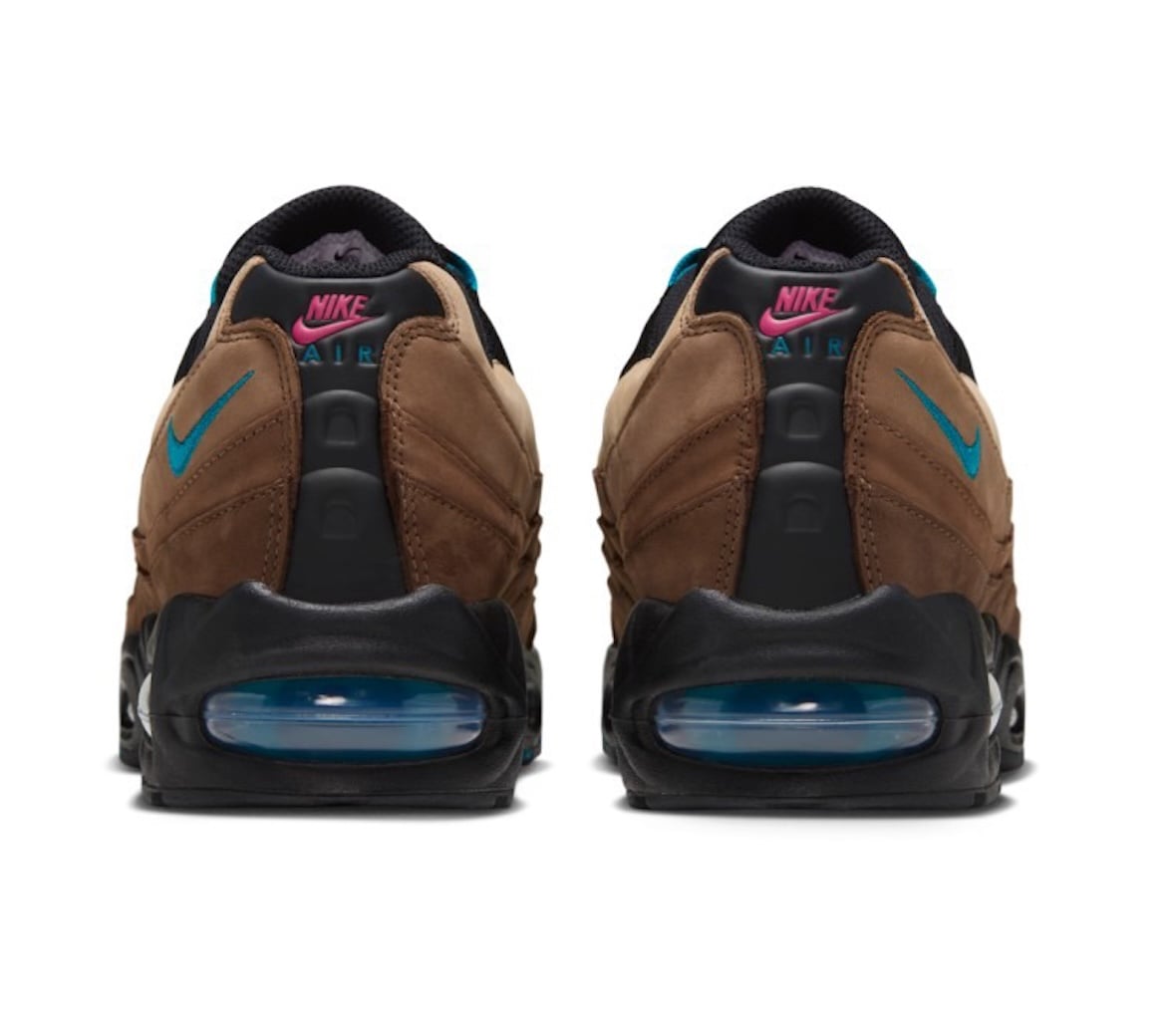 heel view of pair, teal swoosh and pink Nike Air text on black heel tabs, ACG