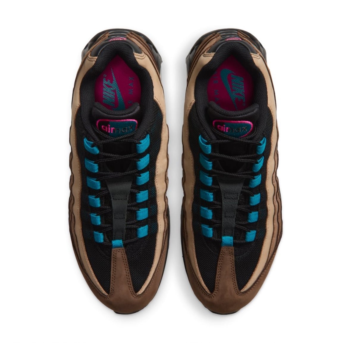 top-down view of pair, teal laces and pink airmax pull tab with magenta insole, ACG